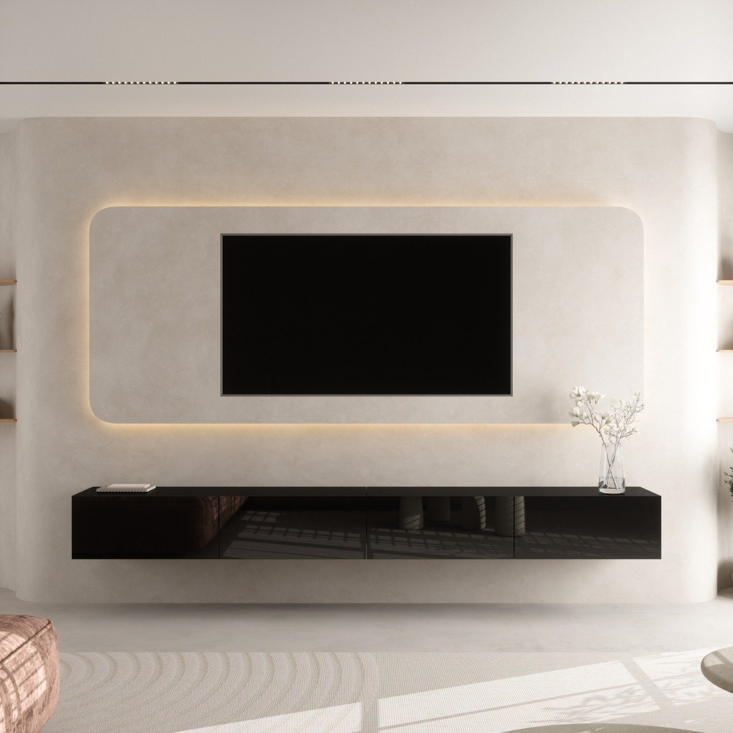 Planetmöbel TV-Schrank West TV-Board, Fernsehtisch 280 cm lang, TV-Lowboard (für Fernseher bis 65 Zoll, TV Schrank viel Stauraum, sideboard hängend, Fernsehschrank 2x 140 x 30 x 37,5 cm) schwarz