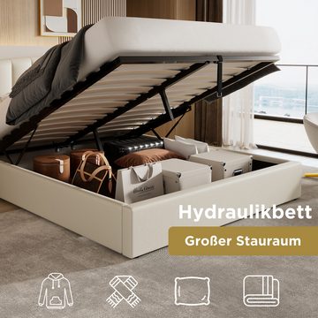 REDOM Polsterbett Hydraulisches Bett (140*200cm), mit goldgerandetes Ohrendesign, Bettkasten, Lattenrost und Kopfteil