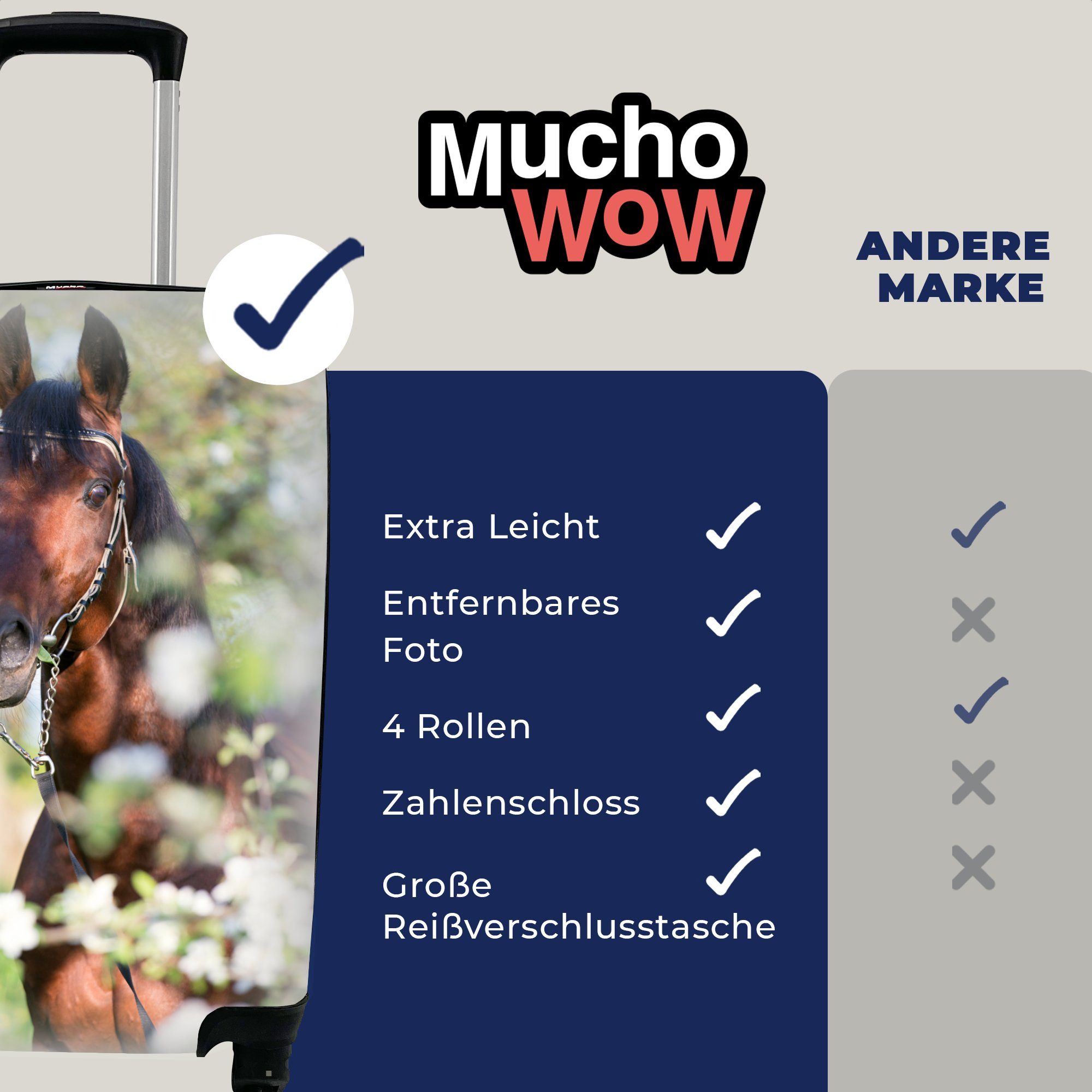 mit für 4 Blüte Reisetasche - Rollen, Trolley, Handgepäckkoffer MuchoWow - Pferde Ferien, - rollen, Frühling Tiere, Handgepäck Reisekoffer