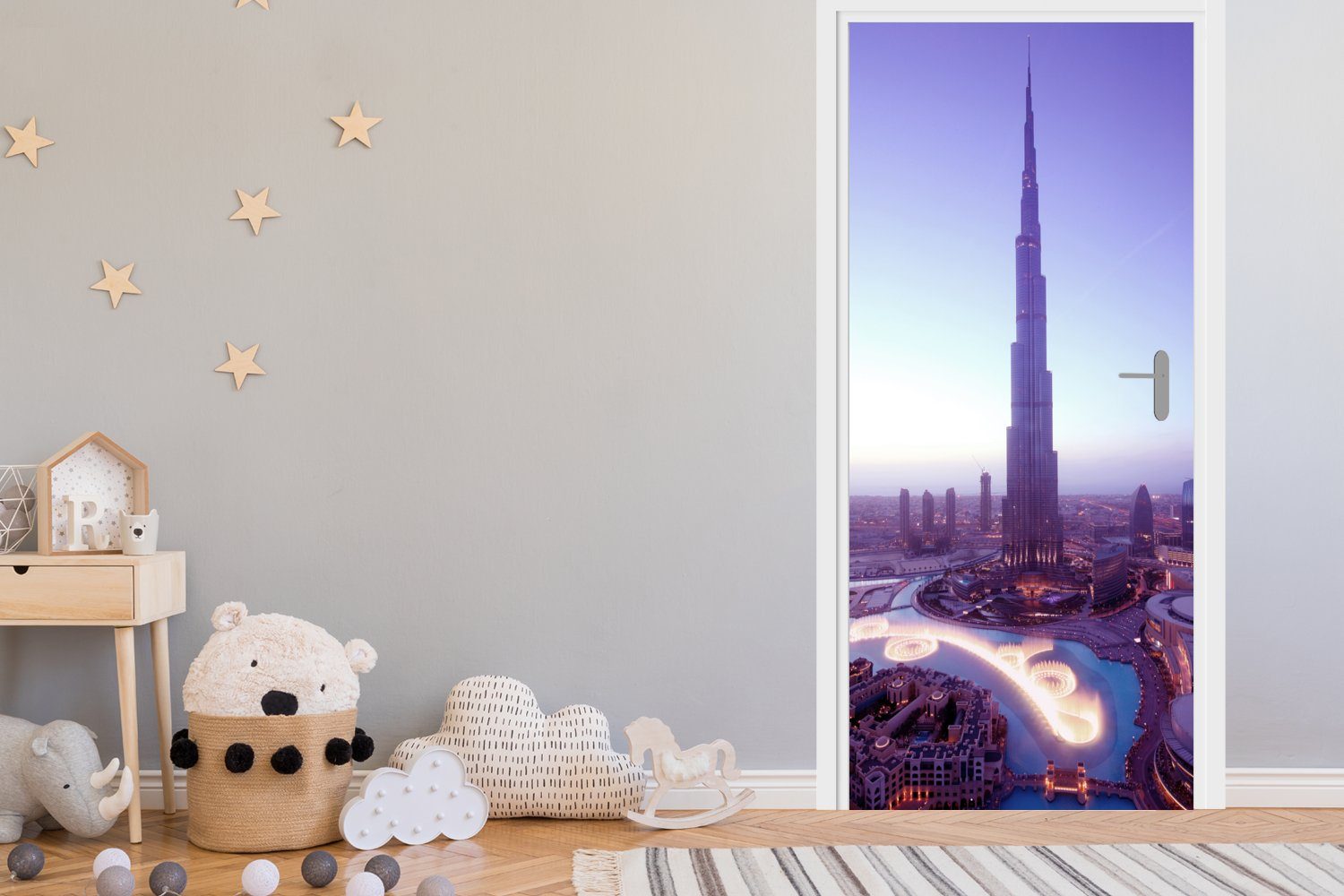 den Khalifa für (1 bedruckt, helle Dubai, Fototapete in Sonne Türaufkleber, MuchoWow Matt, Burj 75x205 St), Tür, cm auf Türtapete scheint Die