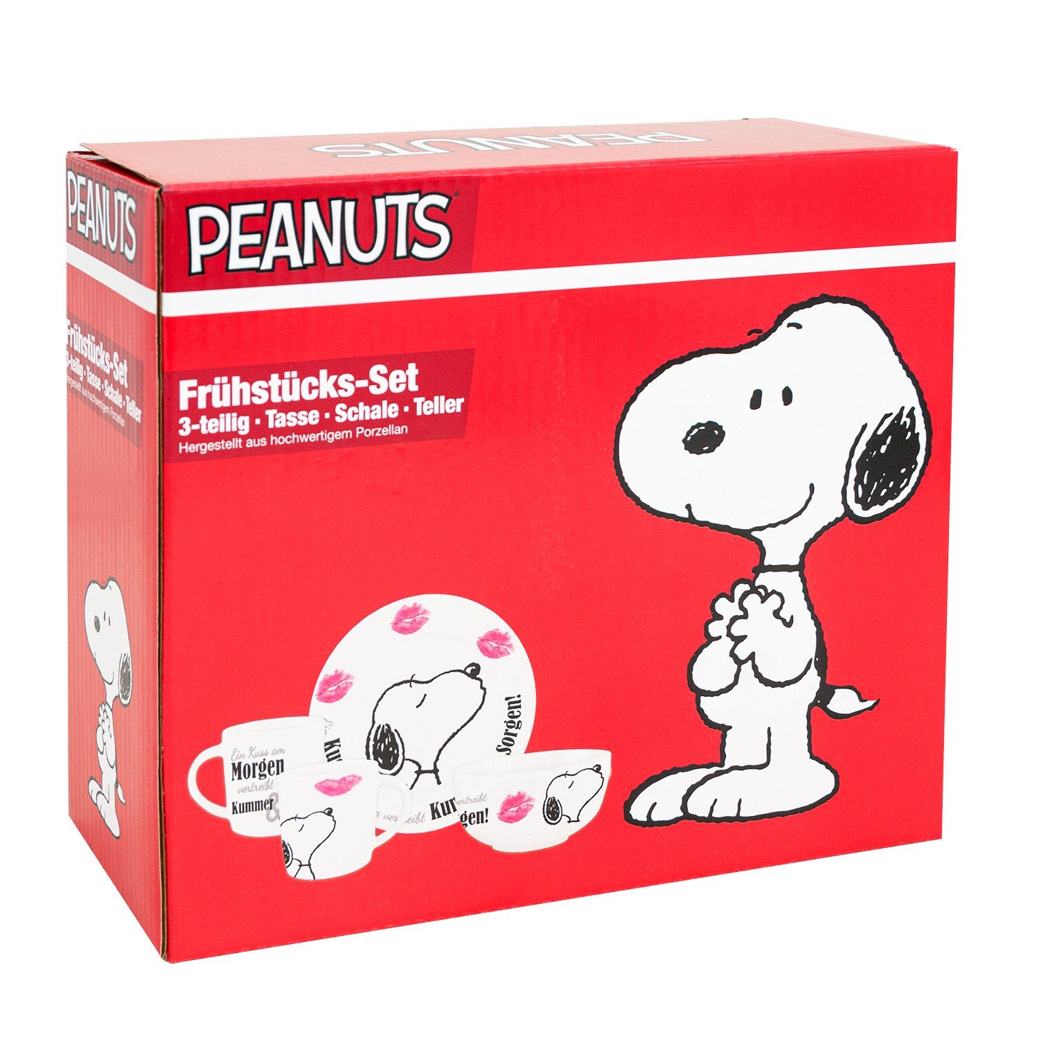 United Labels® Snoopy am & Ein Set Geschirr Frühstücksset Weiß, Morgen, Peanuts Porzellan Tasse Frühstücks-Geschirrset - Kummer Sorgen! Porzellan Kuss The & vertreibt Schale Teller, 3-teilig aus