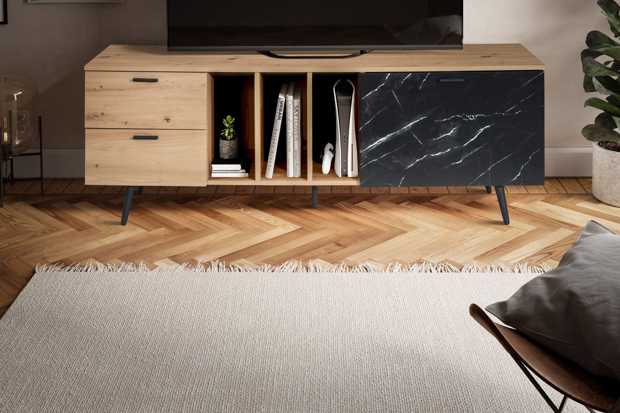 furnicato Lowboard TV-Unterschrank Eichefarben 150x55x40 cm (1 St), Marmor-Optik Lowboard mit Schubladen und Regalfächern für Wohnzimmer