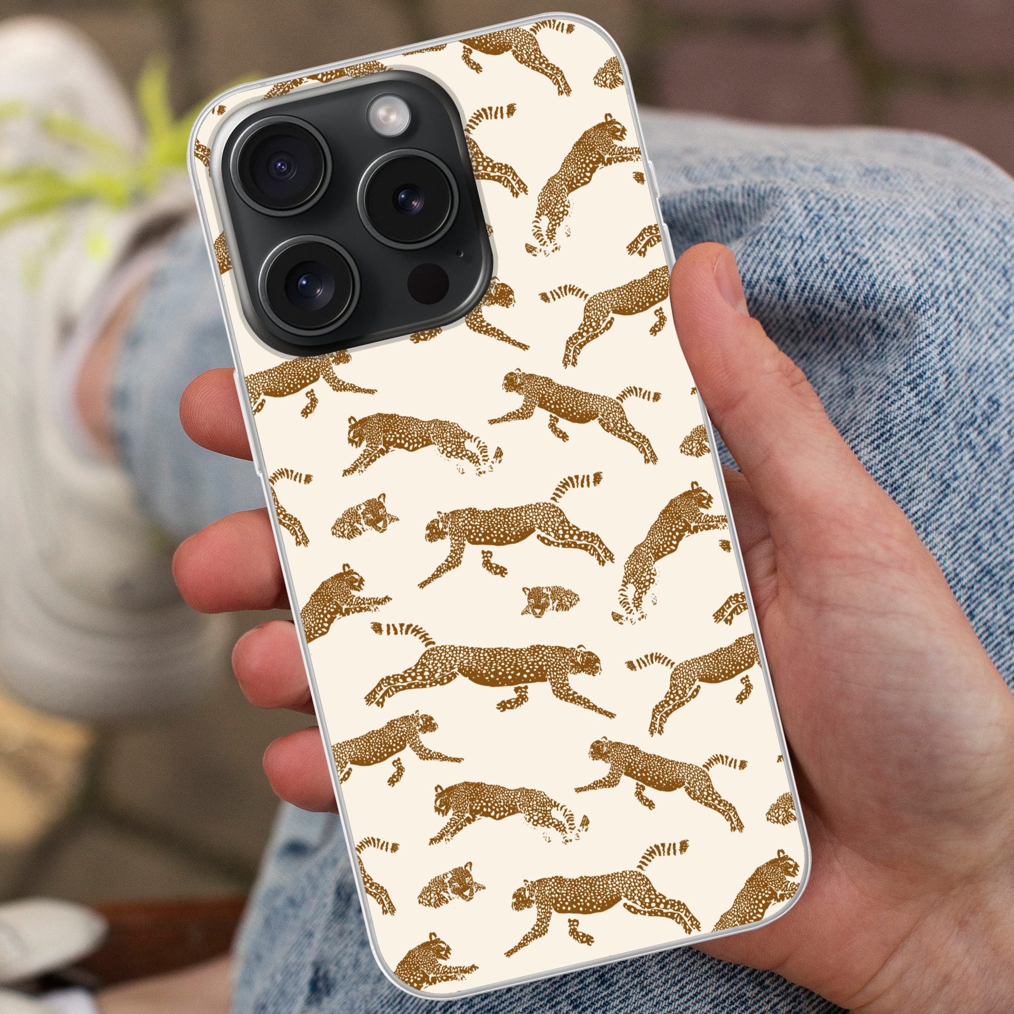 MuchoWow Handyhülle für Apple iPhone 15 Pro Panther - Tiere - Beige - Braun - Muster, Smartphone-Bumper, Print, Handy Schutzhülle Dünn