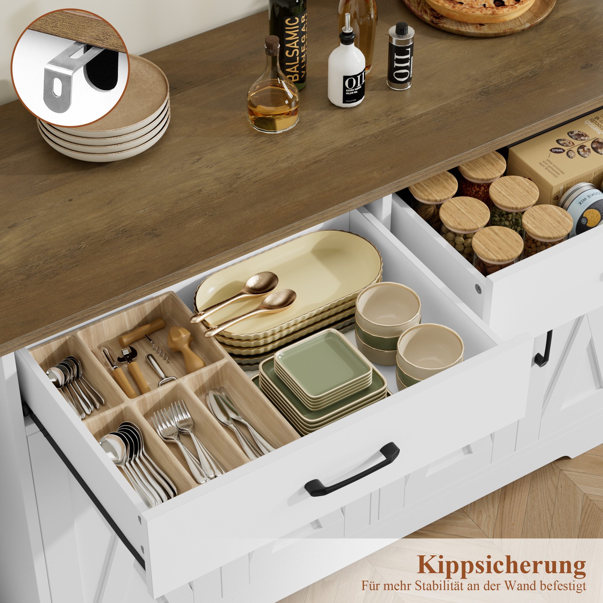 HOMECHO Buffet 120cm Breit Küchenschrank mit Arbeitsplatten, 2 Schubladen, 4 Türen – Bild 4 von 5