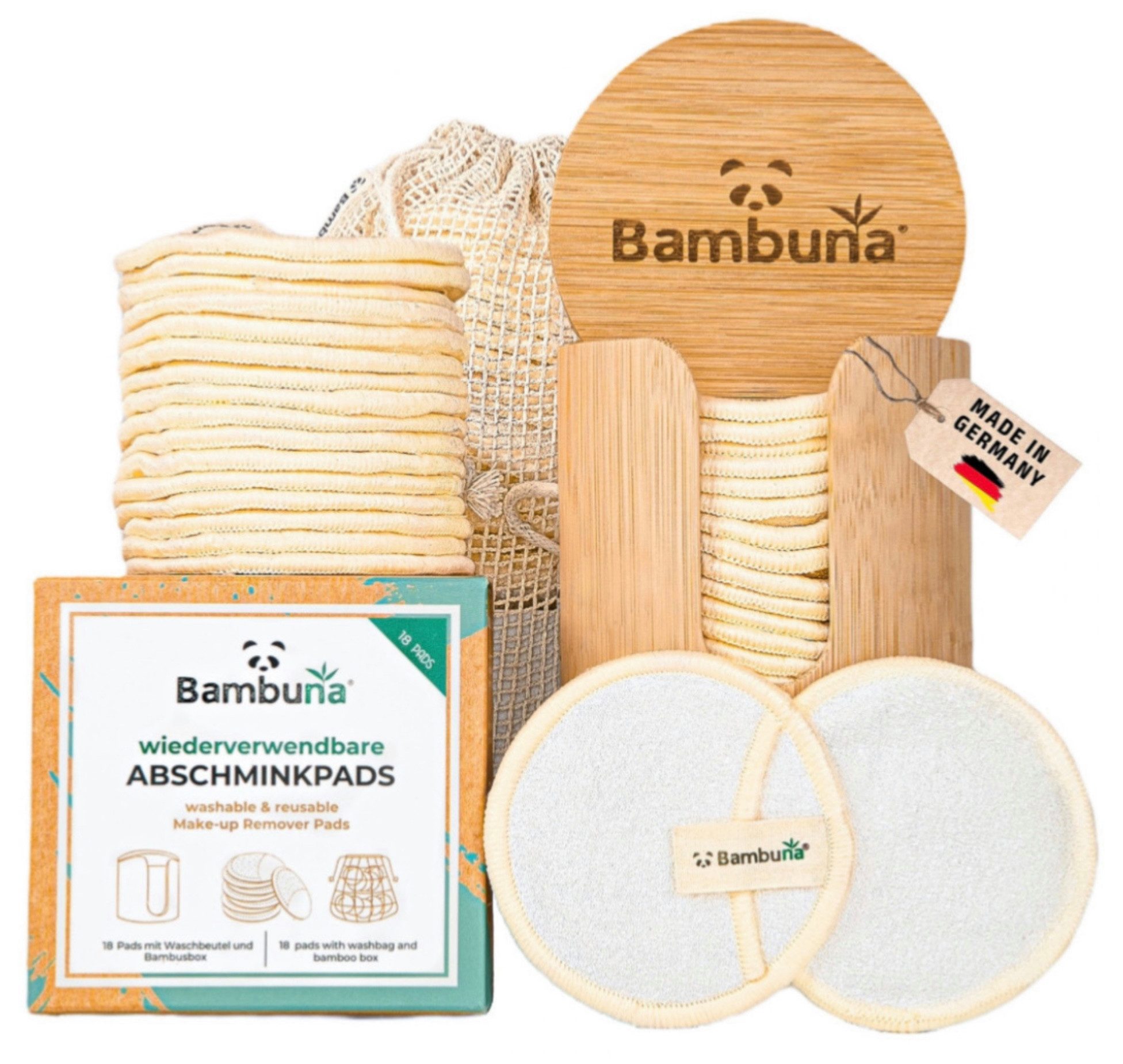 Bambuna Abschminkschwamm Wiederverwendbare Wattepads mit Bambusbox und Waschbeutel, Abschminkpads waschbar - umweltfreundliche Abschminktücher - Make Up Entferner Pads - weiche Reinigungspads, 18 tlg., Spar Set, Made in Germany
