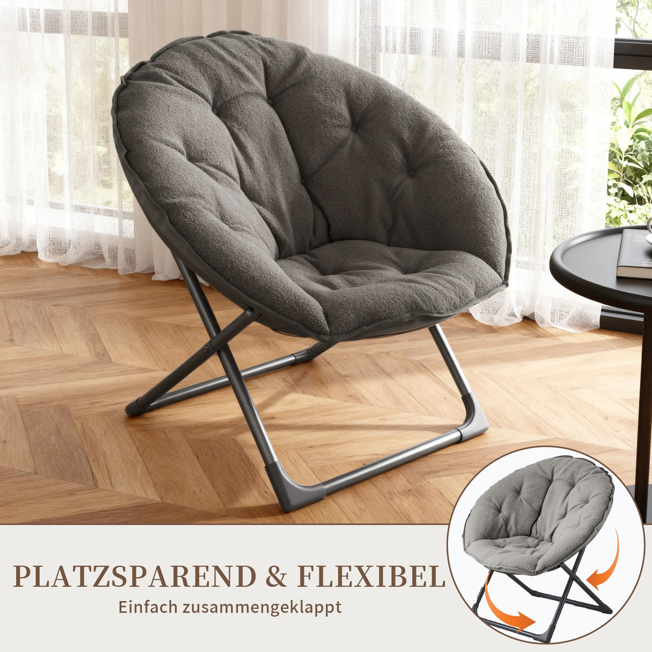 SeedWave Ohrensessel Klappbarer Loungesessel mit Futter, Geschwungener Rüchenlehne, Klappsessel aus rutschfesten Metallbasen
