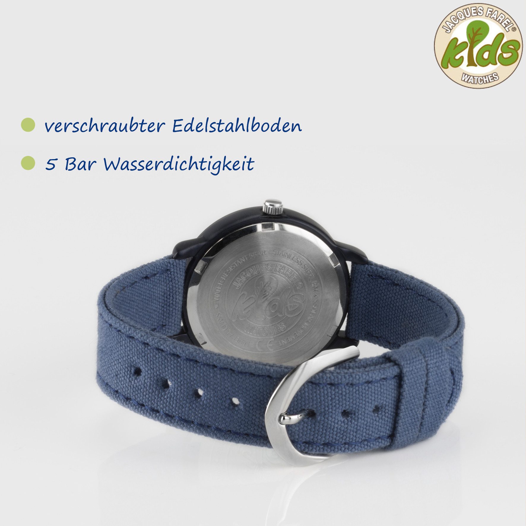 Jacques Farel Solaruhr ORSO Kinder Armbanduhr Solar Baumwollband, analog nachhaltig Geschenkidee Einschulung Kids Ø 30 mm – Bild 5 von 5