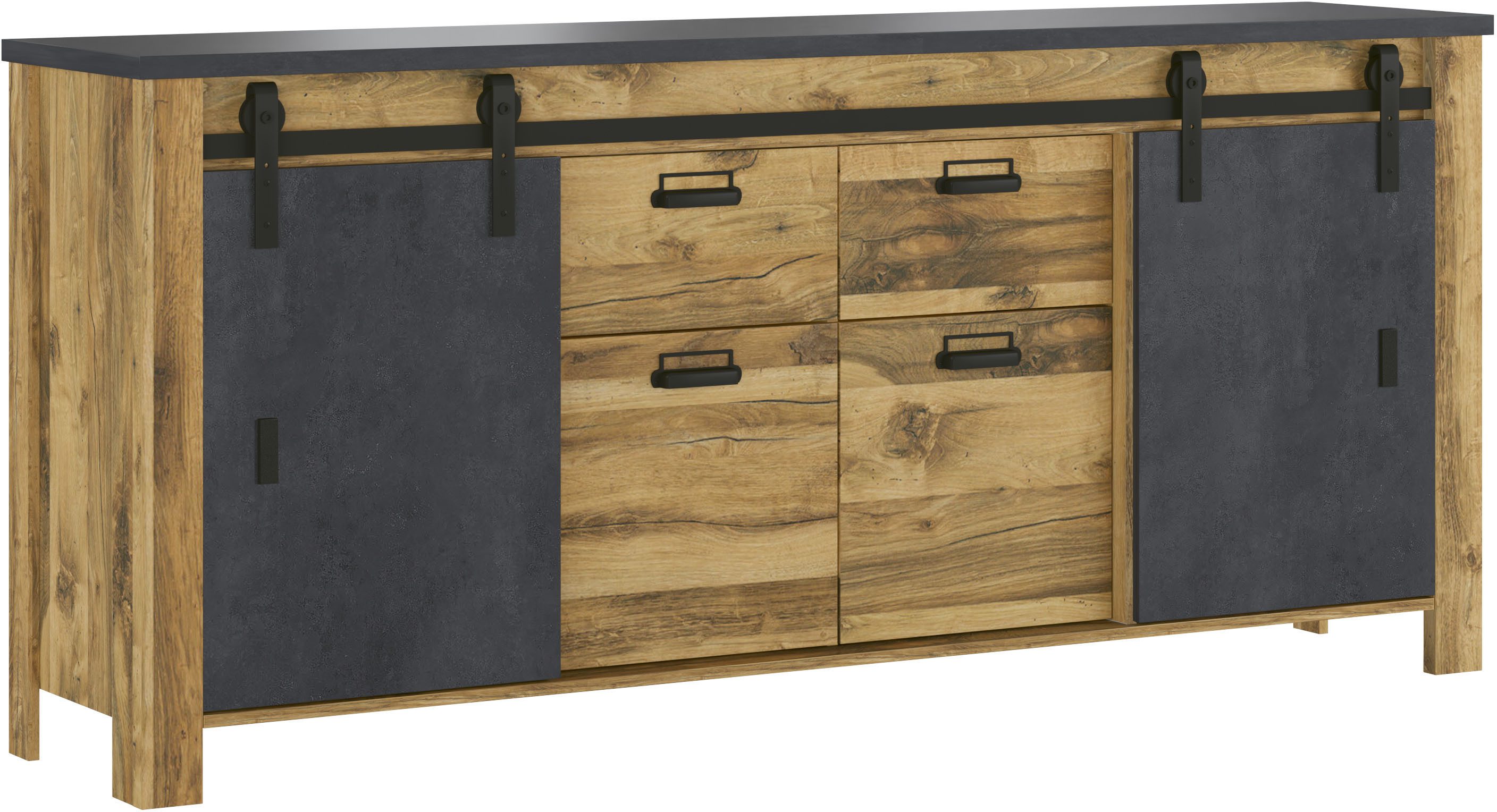 Home affaire Sideboard York, moderner Schrank, Kommode in Hunton Oak Dekor, Industrialdesign, mit Scheunentorbeschlägen & Apothekergriffen aus Metall, 201 cm breit