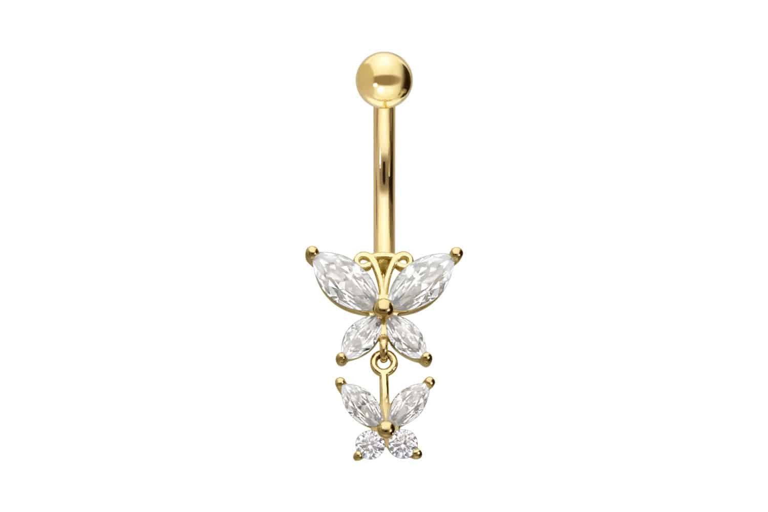 PIERCINGLINE Bauchnabelpiercing 14/18 Karat Gold Bananabell 2 MOISSANIT-SCHMETTERLINGE (Bananabells, 1-tlg)