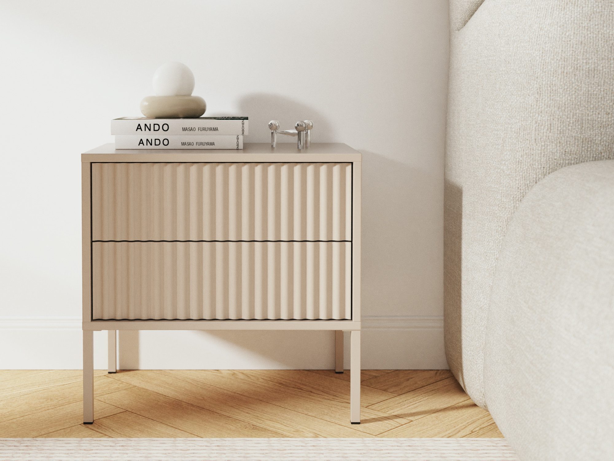 Beautysofa Nachttisch NOTO Cashmere 54 cm mit Rillenfronten (moderner Nachtkommode mit Metallfüßen, 2 Schubladen Push-to-Open), Breite: 54 cm