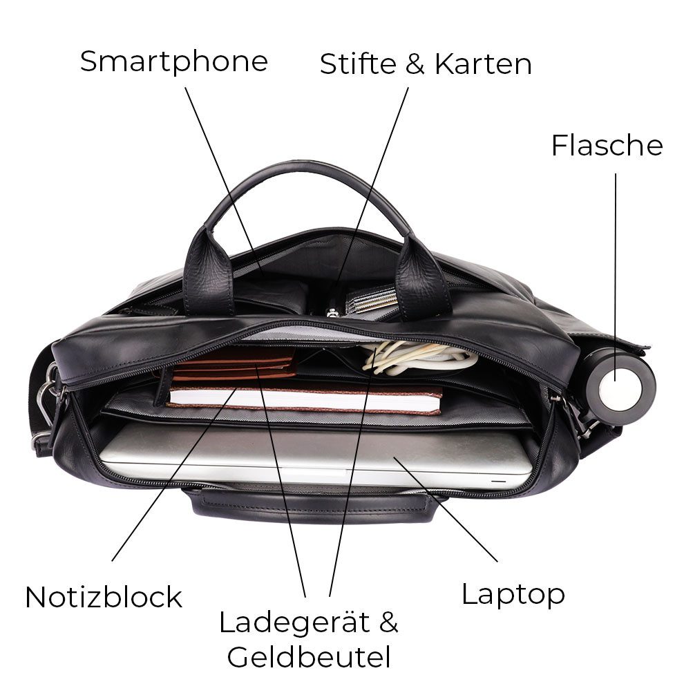 Gentlemen's Laptoptasche Slim - Notebooktasche aus Leder mit Schultergurt 14 & 16 Zoll, Echtleder, großes Hauptfach, Schultergurt, Geschenkverpackung