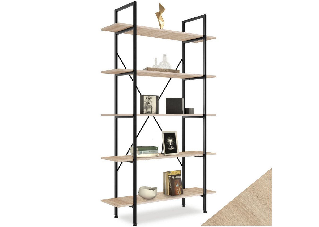 tectake Bücherregal Standregal, inklusive Kippschutz, 106 x 34,5 x 179,5 cm, Holzregal Glasgow 1-tlg., mit 5 Ebenen, mit höhenverstellbaren Kunststofffüßen
