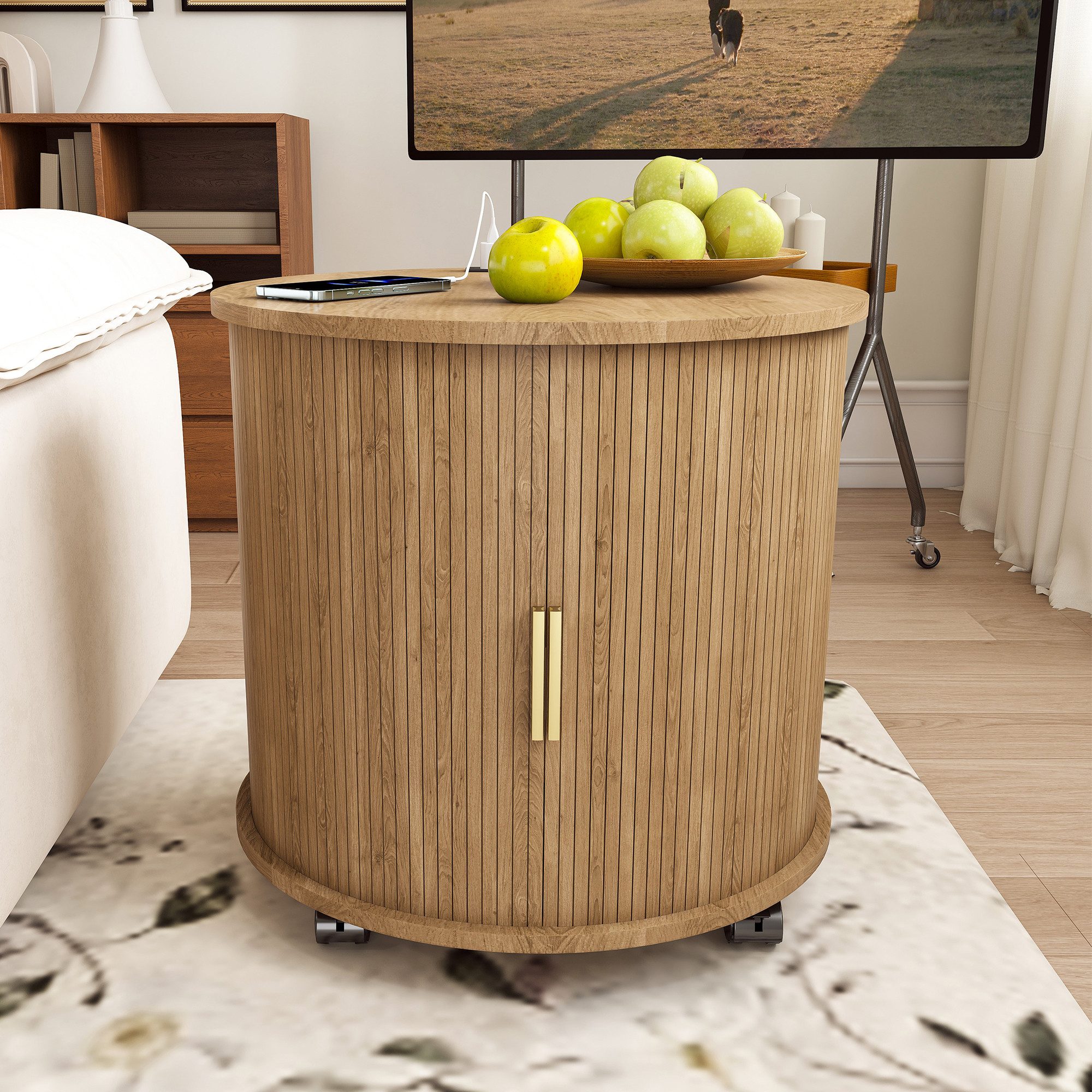 KLAM HOME Nachttisch Zylindrischer Walnuss Nachttisch mit Ladeanschlüssen und Schiebetür (Rollbarer Mid-Century Beistelltisch mit Stauraum und Bremsrollen), Runder MDF Nachtschrank wahlweise mit Rollen oder Ausgleichsfüßen