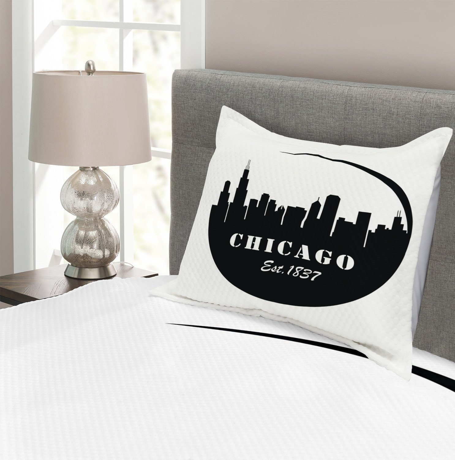 Panorama Kissenbezügen Tagesdecke schwarz Set mit Abakuhaus, Waschbar, Chicago Skyline