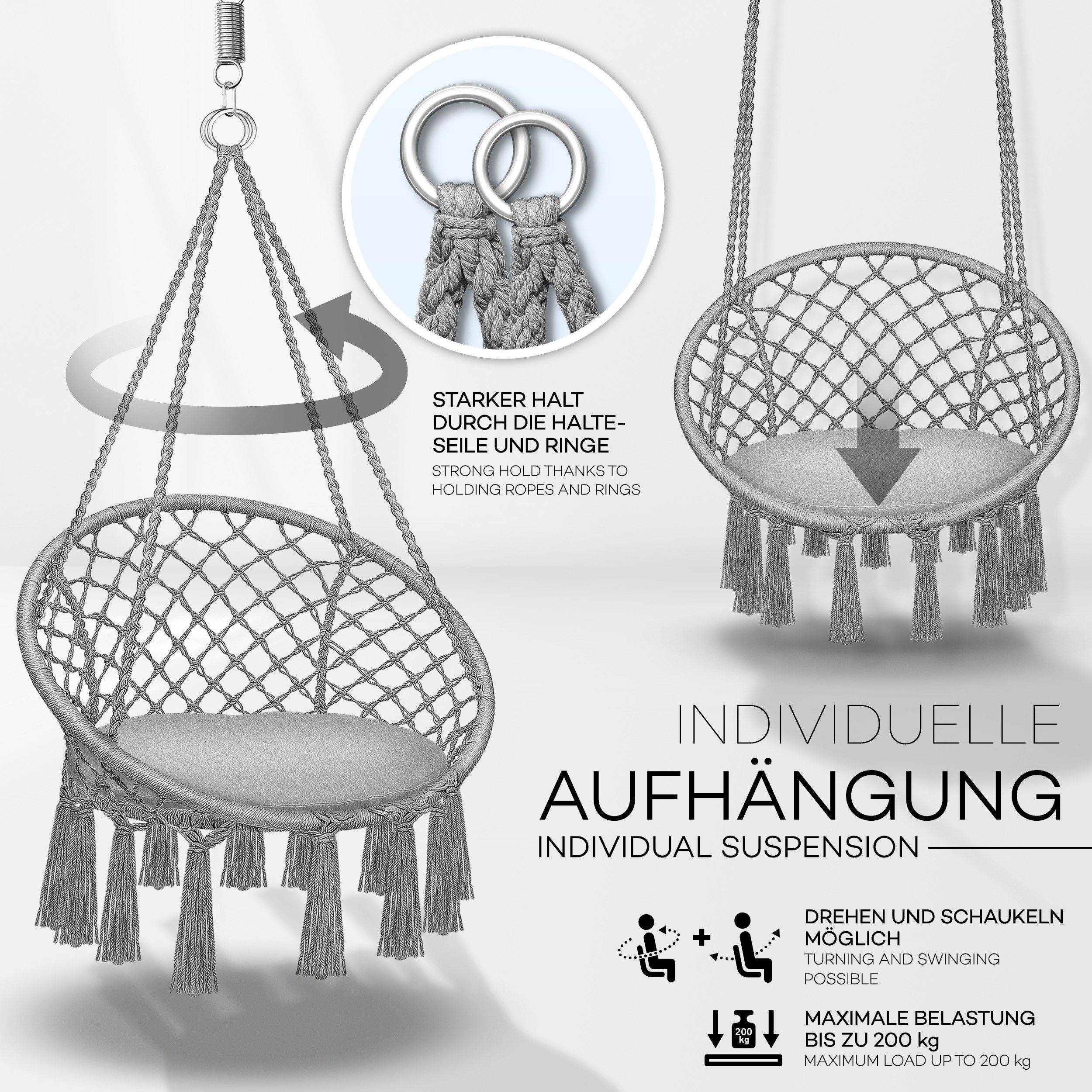 tillvex Hängesessel tillvex® Hängesessel Hängestuhl Hängeschaukel Hängekorb Hängesitz (Set, Hängesessel, Kissen, 4 Seile mit 2 Stahlringen), Kissen – Bild 3 von 5