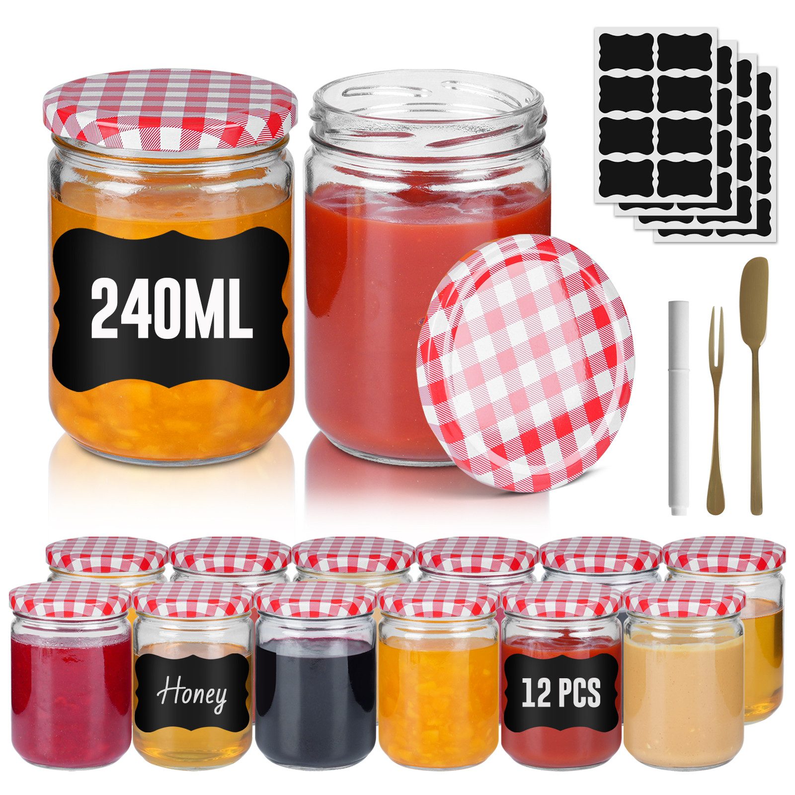 FIVMEN Einmachglas Marmeladengläser mit Deckel Einmachgläser Marmelade Marmeladenglas, (12/24er Set), für selbstgemachte Marmelade, Konfitüre und Bastelarbeiten 240/350 ml