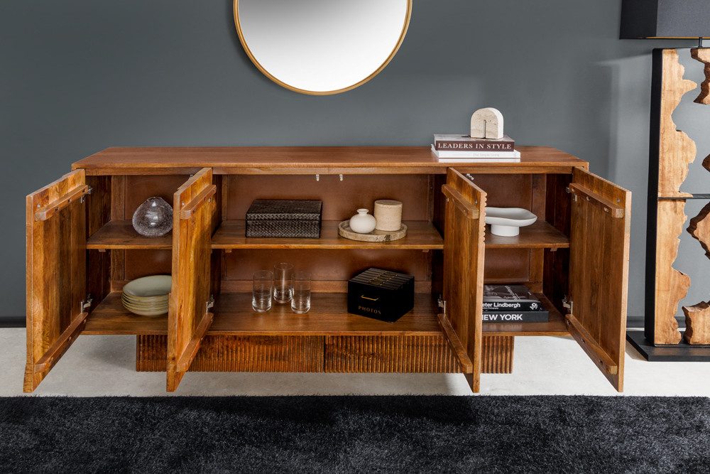riess-ambiente Sideboard ART DECO 170cm braun / smoke · Kommode aus Mangoholz mit 3D-Front (Einzelartikel, 1 St), Massivholz · Push-to-Open · 6 Fächer · lackiert · Wohnzimmer · Design