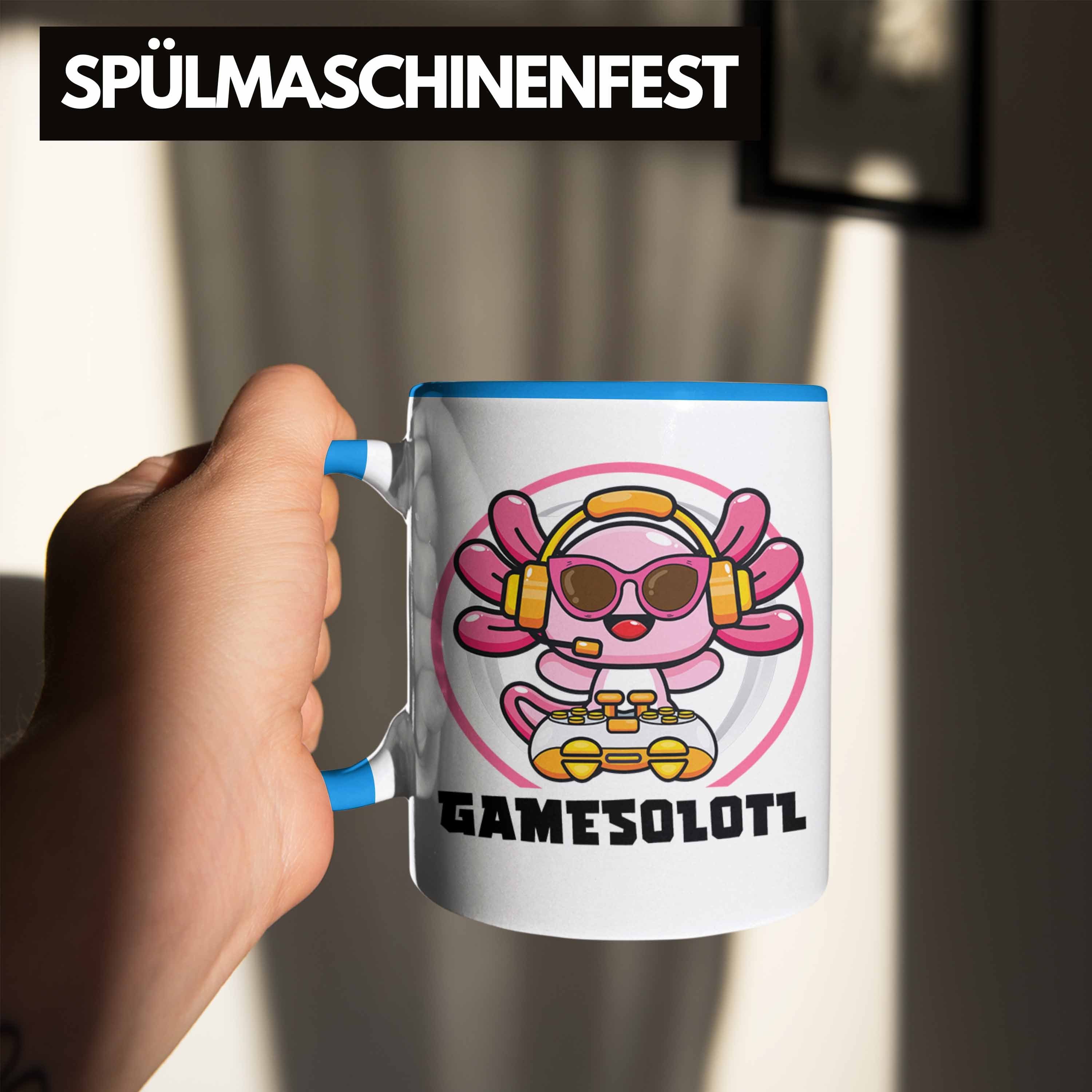 Trendation Tasse Trendation - Schwanzlurch Geschenkidee Tasse Gamer Axolotl Tiere Lustig Grafik Geschenk Blau