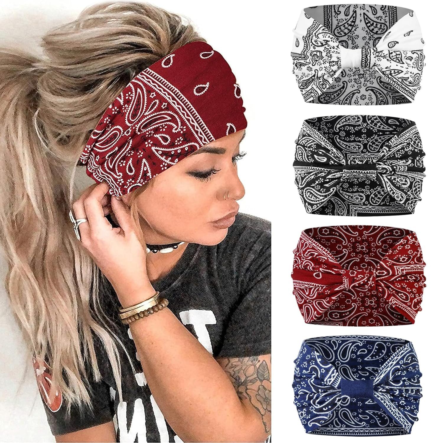 Zaewry Haargummi 6 Stück Sommer Stirnbänder Damen Boho Breite Haarband Yoga Stirnband, 4-tlg.