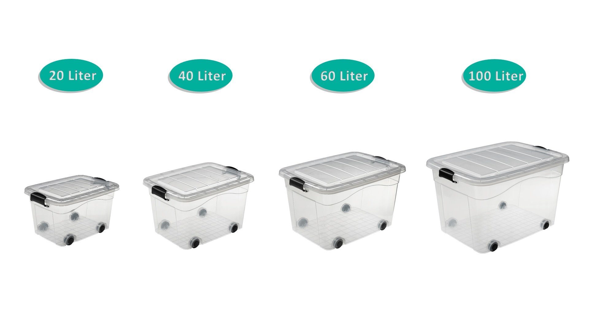Logiplast Aufbewahrungsbox Set Aufbewahrungsboxen 20 Ltr. + 40 Ltr. + 60 Ltr. + 100 Ltr. (Spar-Set, 4 Stück Aufbewahrungsboxen), lebensmittelecht, mit Rollen, transparent, stapelbar