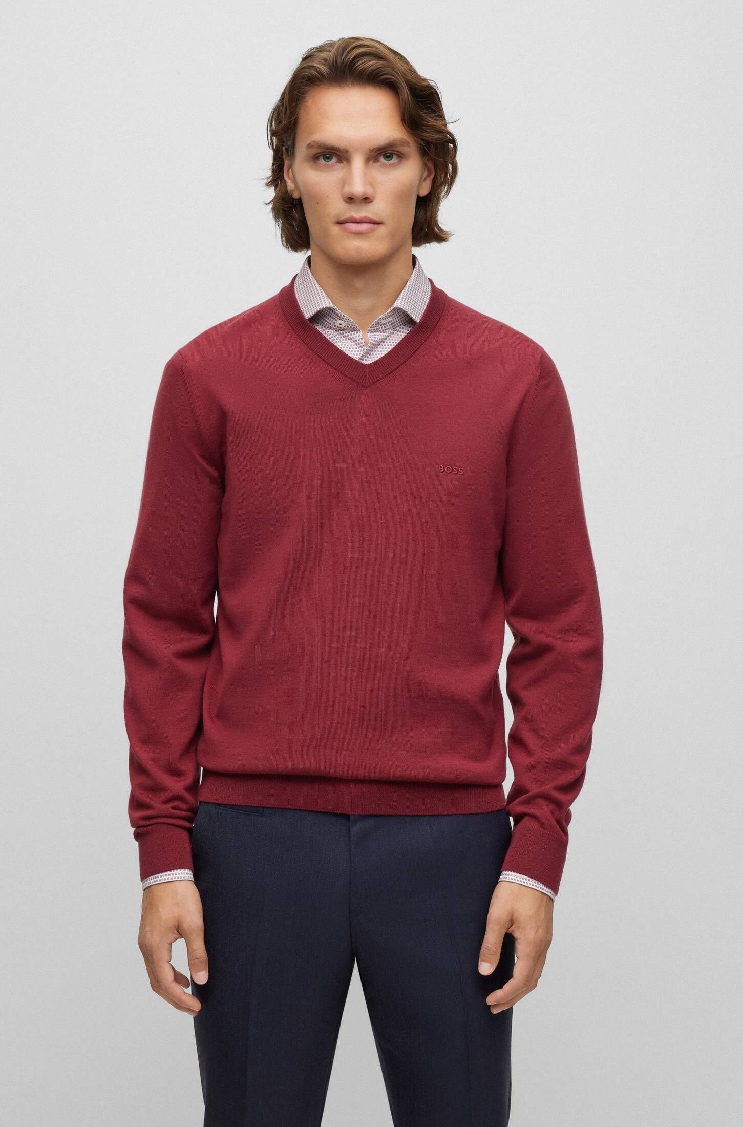 (76) Herren Schurwolle (1-tlg) Strickpullover cherryred aus BOSS BARAM_L Strickpullover