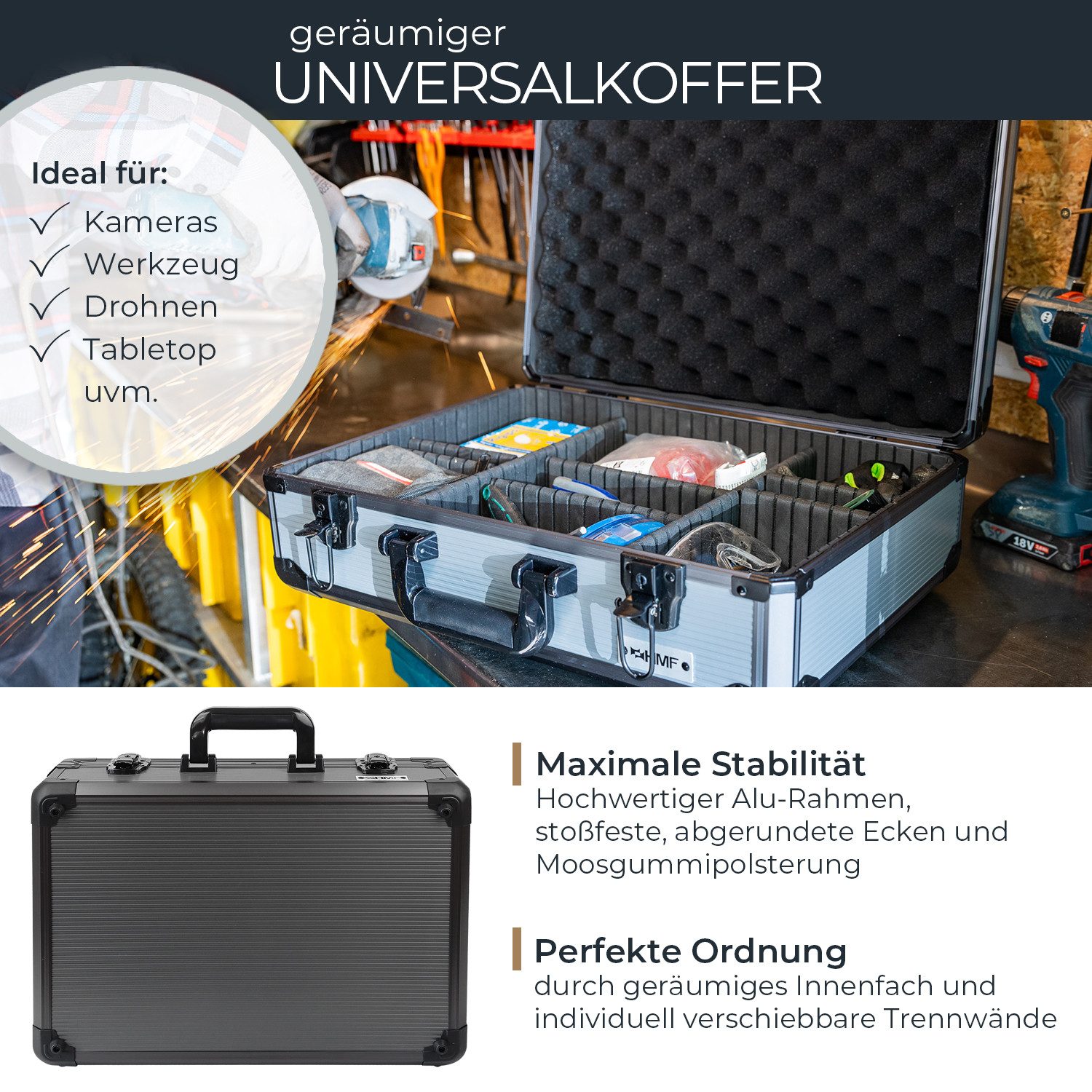 HMF Werkzeugkoffer robuster Alu Transportkoffer, Metallkoffer, mit individueller Facheinteilung, 46x15x33 cm, schwarz