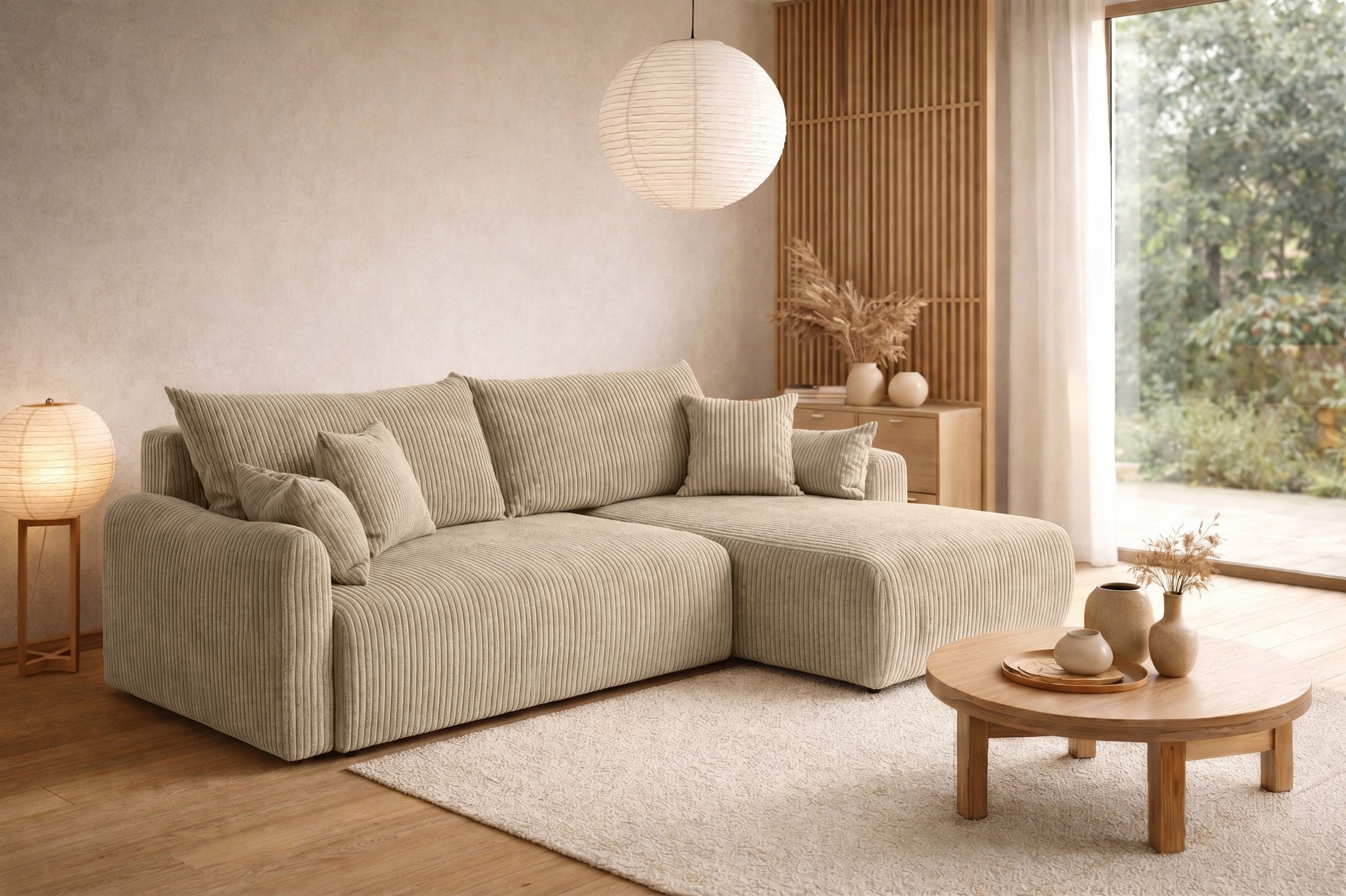 Kaiser Möbel Ecksofa mit Schlaffunktion für Wohnzimmer, Cordstoff Poso, JAPANDI, Japandi-Stil, Abgerundete Form, Große Liegefläche