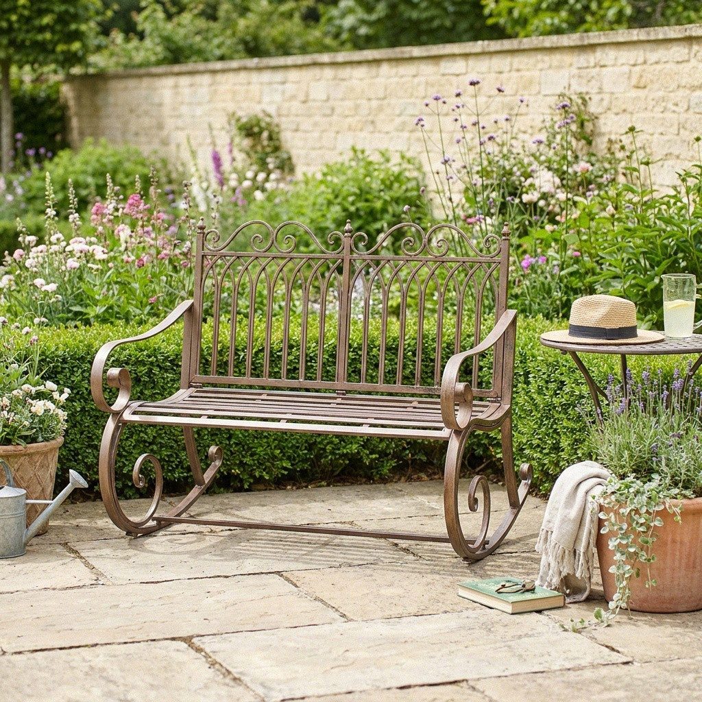 Dekokissen Gartenbank Schaukelbank Eisen braun lackiert im Vintage-Stil, H.90 cm