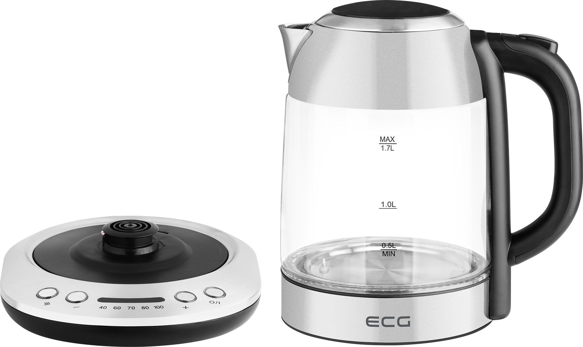ECG Wasserkocher RK 1781, 1,7 l, 2200 W, Elegante rostfreie Ausführung mit Hartglas