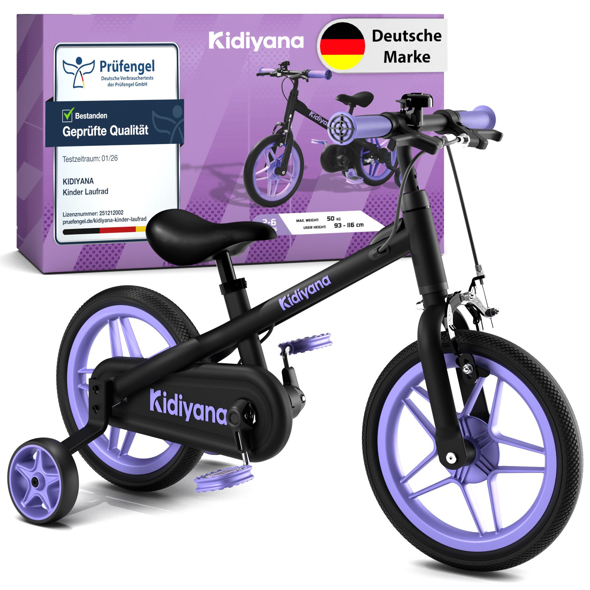 Kidiyana Kinderfahrrad 3-in-1 Laufrad 12 Zoll ab 2 Jahren bis 50 kg, Alurahmen, pannensicher, (Set, 3-tlg., mit Kinderhelm und Protektoren), mit abnehmbaren Pedalen und Stützrädern