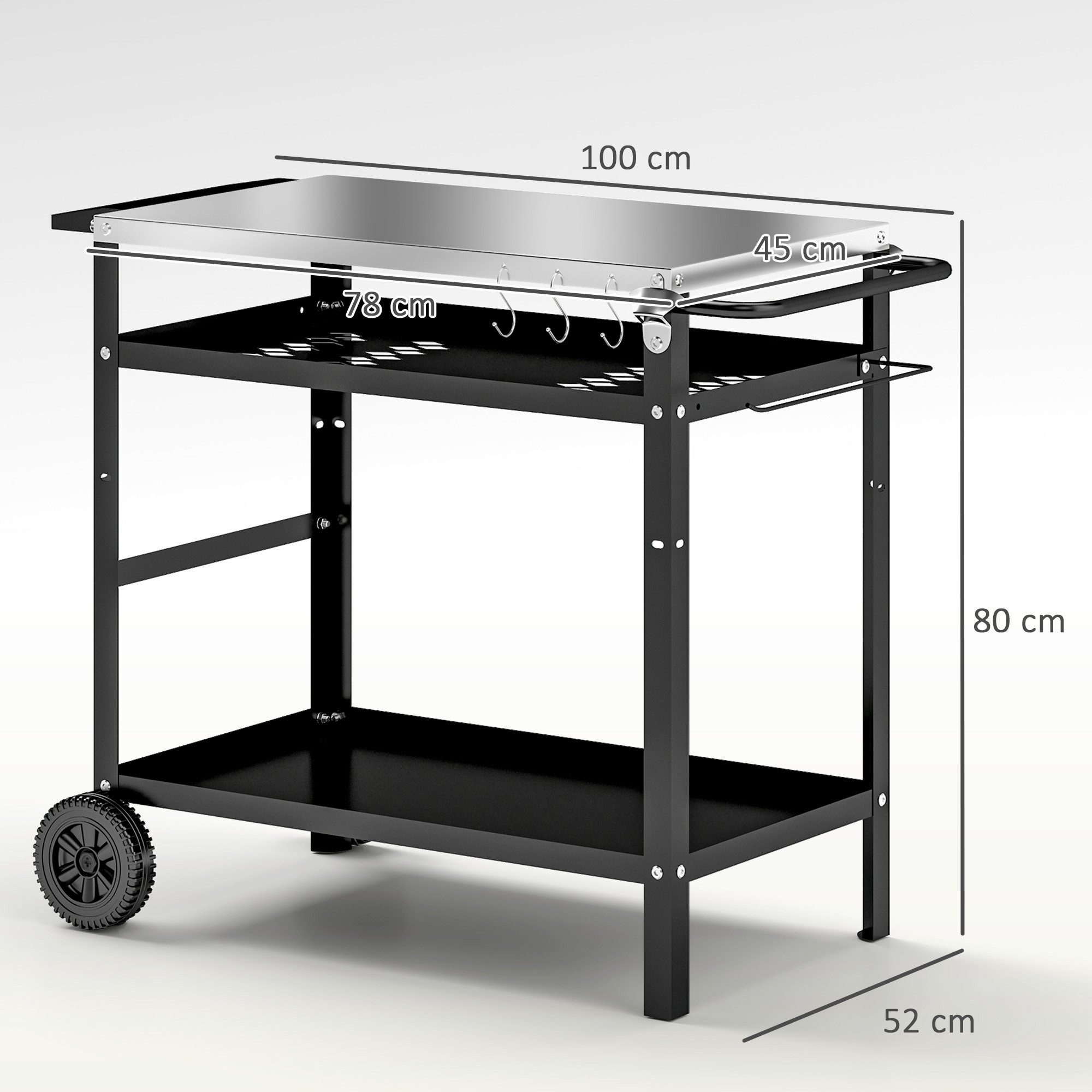 Outsunny Servierwagen Grillwagen 3-Etagen mit Arbeitsfläche Grilltisch Edelstahl, (höhenverstellbar BBQ Grilltisch, 1 St., Grillwagen aus Edelstahl), für Garten, Grill, 100 x 52 x 80cm, Schwarz