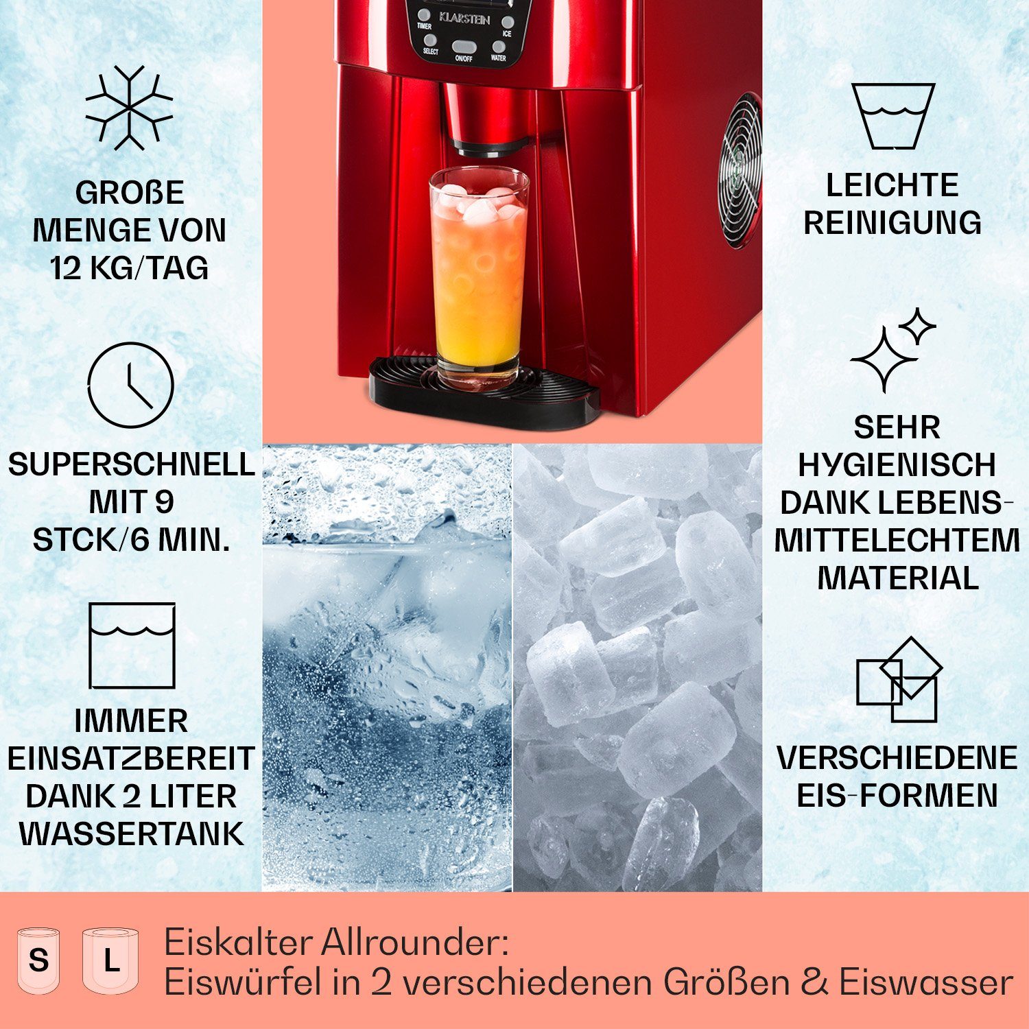 Klarstein Eiswürfelmaschine Ice Volcano 2G Eiswürfelbereiter, Eiswürfelmaschine Eiswürfelbereiter Ice Cube Maker Eiswürfel Automat