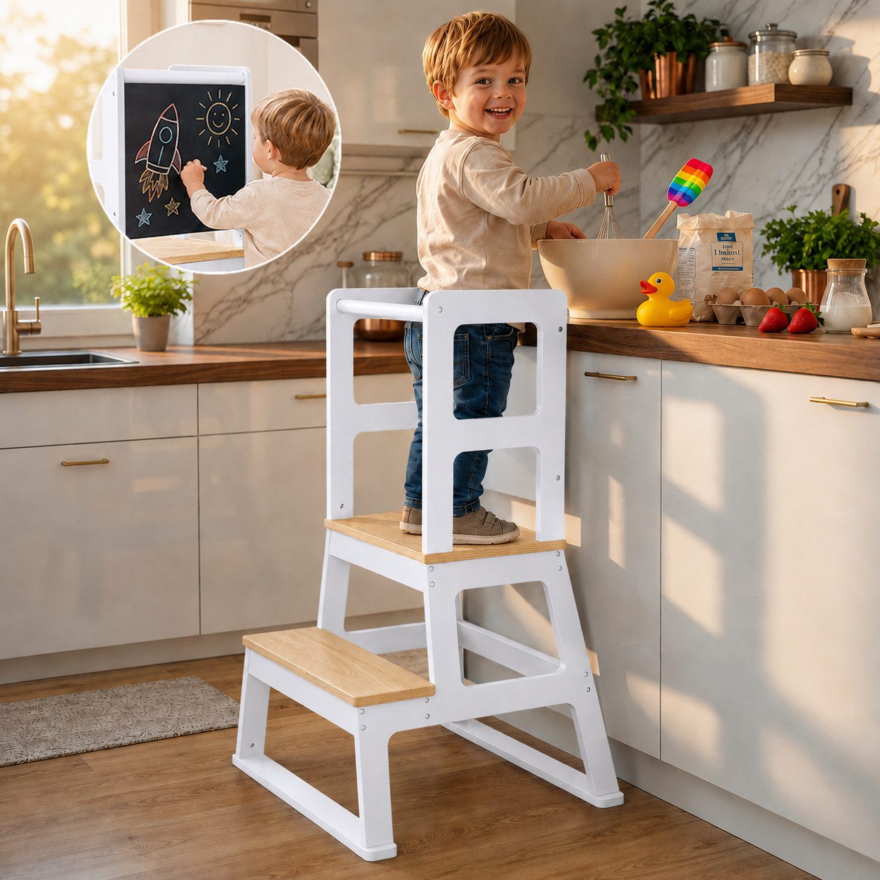 Baby Vivo Stehhilfe Lernturm aus Holz - Mit Tafel in Weiß