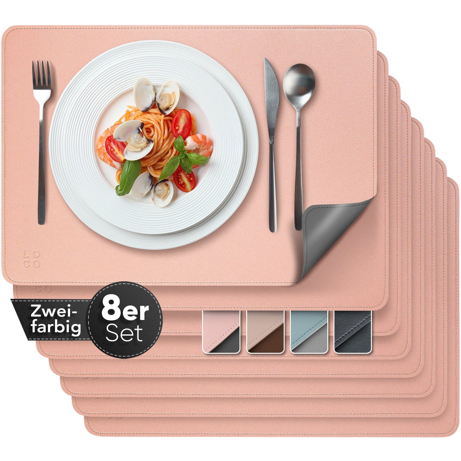 Loco Bird Platzset aus Kunstleder, 8er Set Zweifarbig, 43x30cm Lederoptik, abwischbare Platzdeckchen Kunstleder