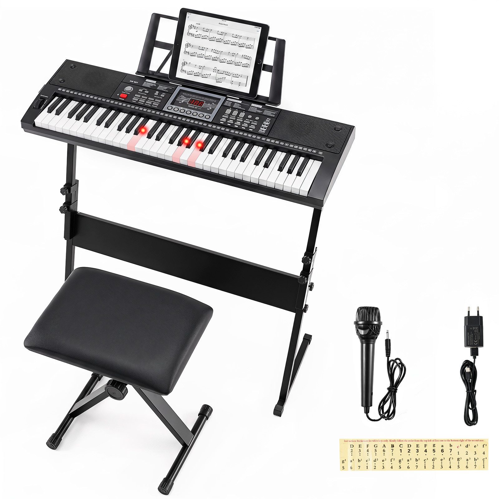 COSTWAY Home-Keyboard 61 Tasten Elektrisches Keyboard Set, mit Ständer, Hocker & Mikrofon