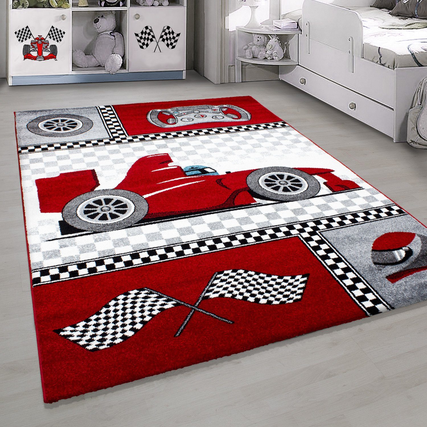 Teppich Rennwagen, HomebyHome, Rund, Höhe: 11 mm, Kinderteppich Rennwagen Teppich Baby Teppich Kinderzimmer Pflegeleicht