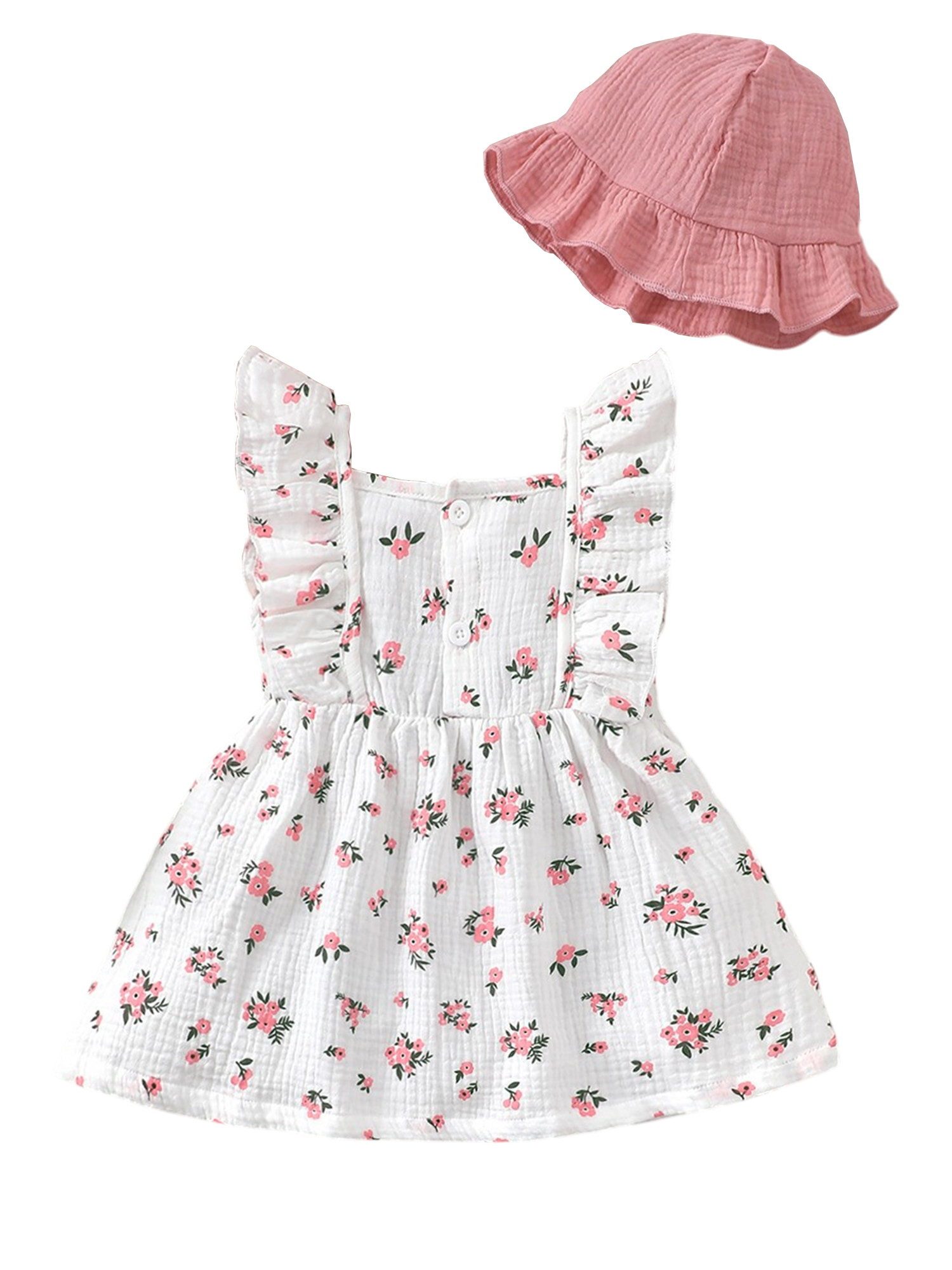 Lapastyle A-Linien-Kleid Baby Mädchen Kleidung, ärmelloses Rüschenkleid und Hut, 100% Baumwolle (Set, 2-tlg) Süßes Sommerkleid-Set mit Blumenmuster, für Freizeit und Partys