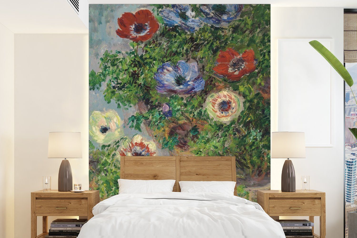 MuchoWow Fototapete Anemonen in einem Glas - Gemälde von Claude Monet, Matt, bedruckt, (4 St), Montagefertig Vinyl Tapete für Wohnzimmer, Wandtapete