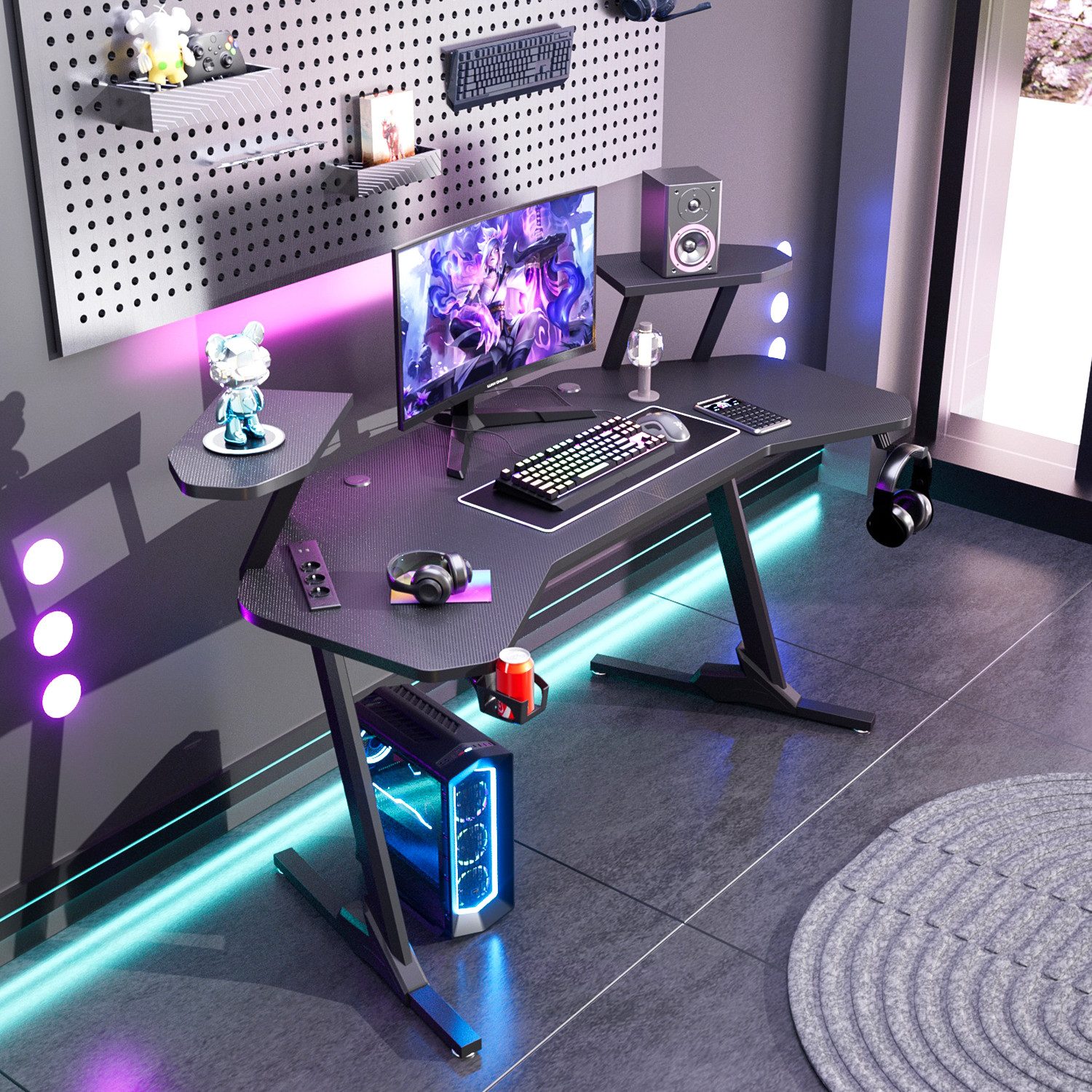 LETGOSPT Gamingtisch PC Gaming-Tisch Ergonomischer Gamer Desk, 160 x 60 x 72 cm, mit 2 Ständern ausgestattet, Kopfhörerhaken und Getränkehalter