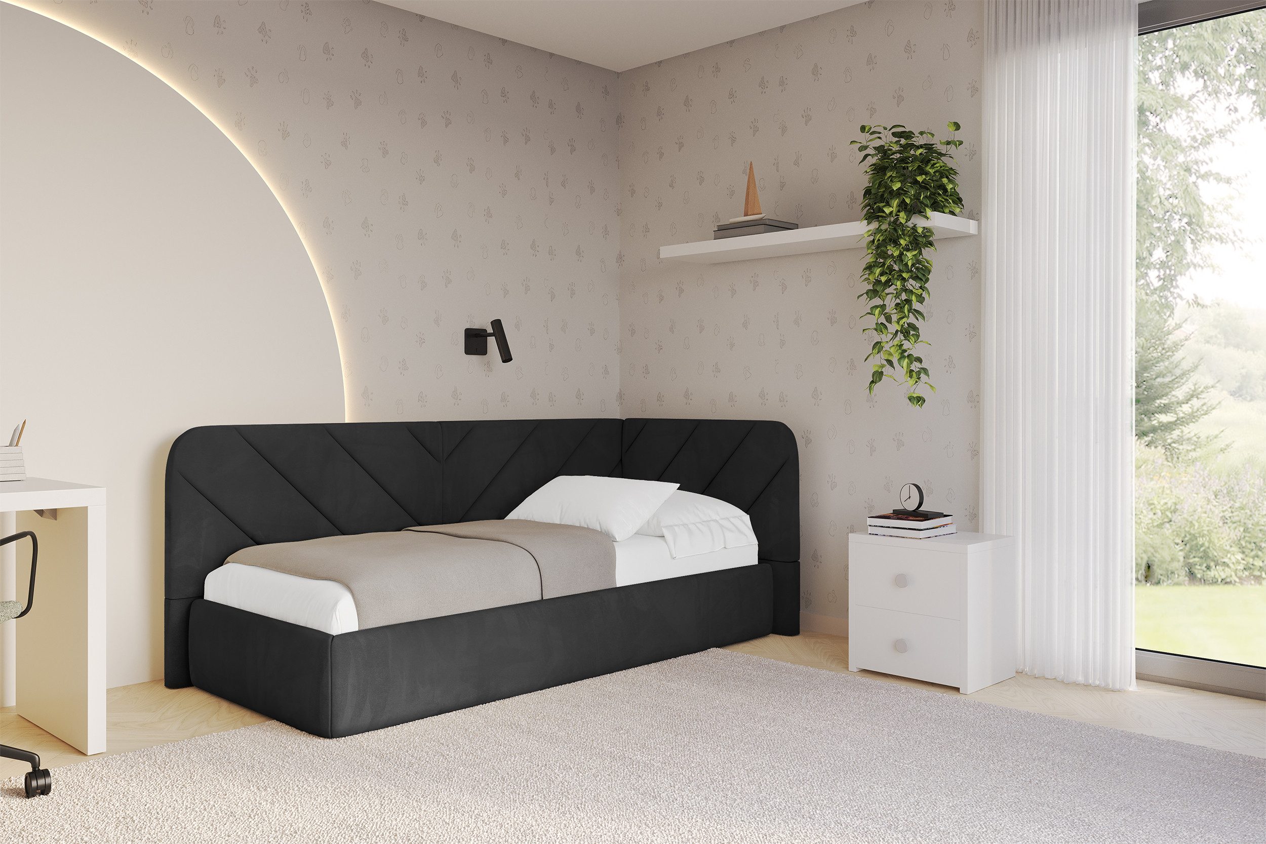 ALTDECOR Jugendbett FIKY (Jugendbett mit Bettkasten und Lattenrost, Polsterbett ohne Matratze), Einzelbett mit Stauraum, Bett mit Kopfteil