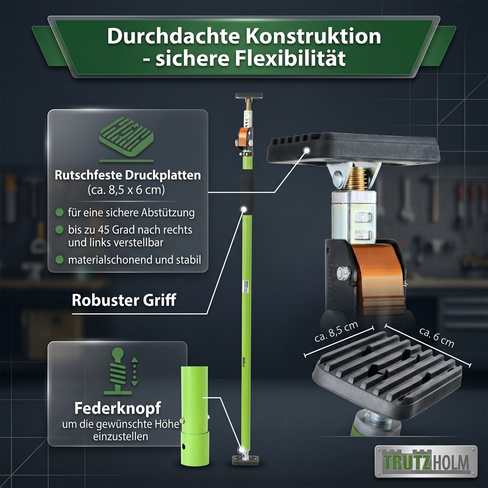 TRUTZHOLM Montageklemme 2x Einhandstütze 110–203 cm Teleskopstütze 60 kg höhenverstellbar, B: 8.5 cm, L: 203 cm, (Stück, 2-tlg., bis 203cm), materialschonend – Bild 4 von 5