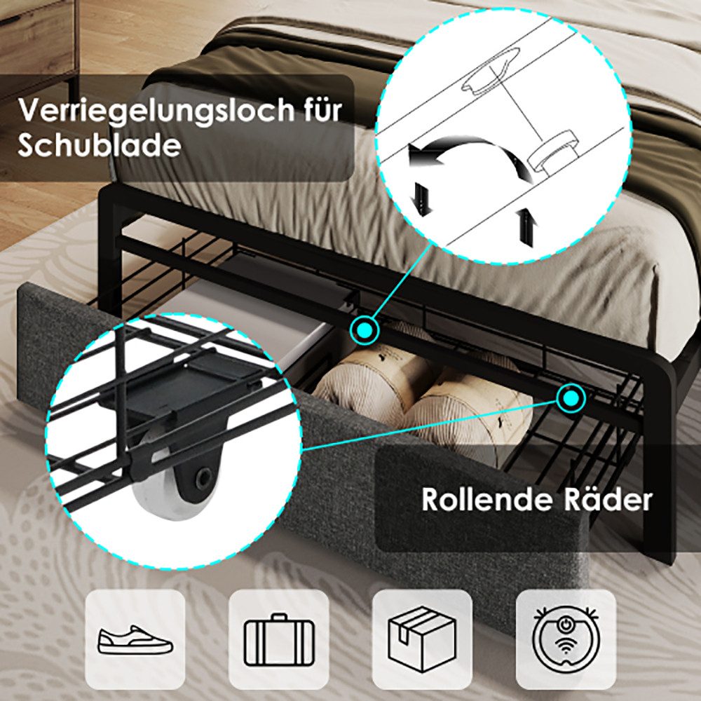 Polsterbett (90 x 200cm Stauraumbett mit Lattenrost, Schublade und LED-Beleuchtung), Ladefunktion Stauraum-Kopfteil, Einzelbett aus Stahlrahmen, Leinen