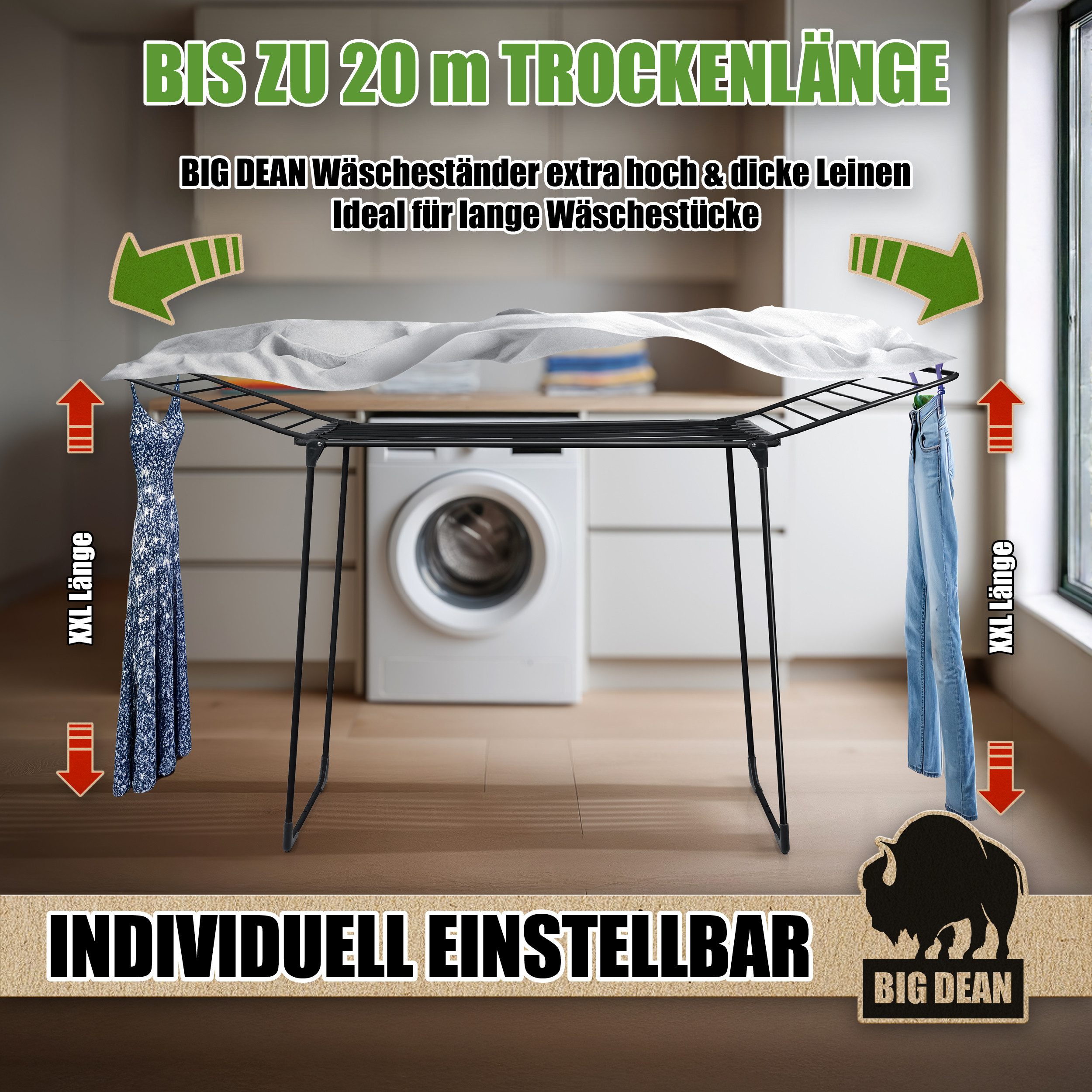 BigDean Wäscheständer Wäschetrockner 20m extra hoch & dicke Leinen Made in Europe, 20m Trockenleine, 15kg Tragkraft, Extra dicke leinen – Bild 2 von 5