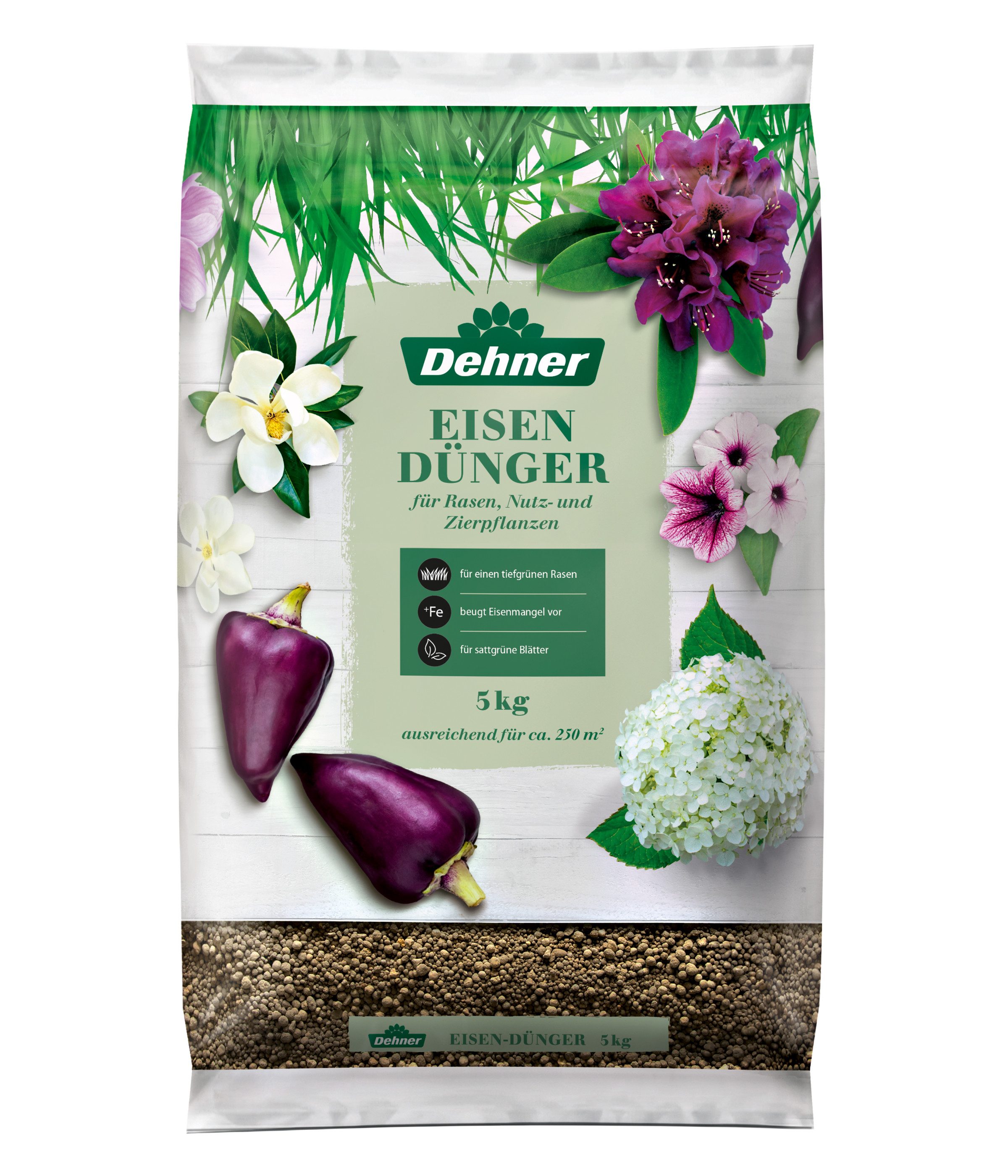 Dehner Rasendünger Eisendünger, hochwertig für Rasen / Zierpflanzen, 5 kg, für ca. 250 qm, schützt vor Gelbfärbung