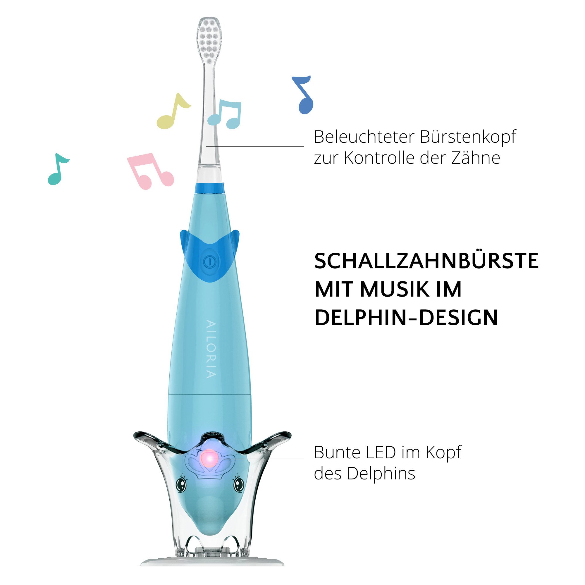 AILORIA Elektrische Kinderzahnbürste BUBBLE BRUSH Kinder-Schallzahnbürste, Schallzahnbürste in buntem Design, LED & Musik für Kinder