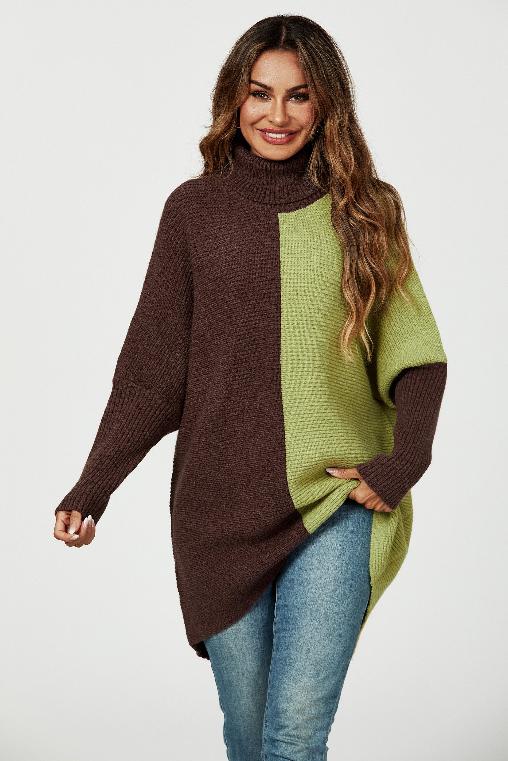 FS Collection Longpullover Damen Pullover-Oberteil Longpullover Blockfarben Rollkragen Halblang (Einheitsgröße: UK 8–16 / EU 36–44, 7 stilvollen Farbvarianten) 100% Acryl