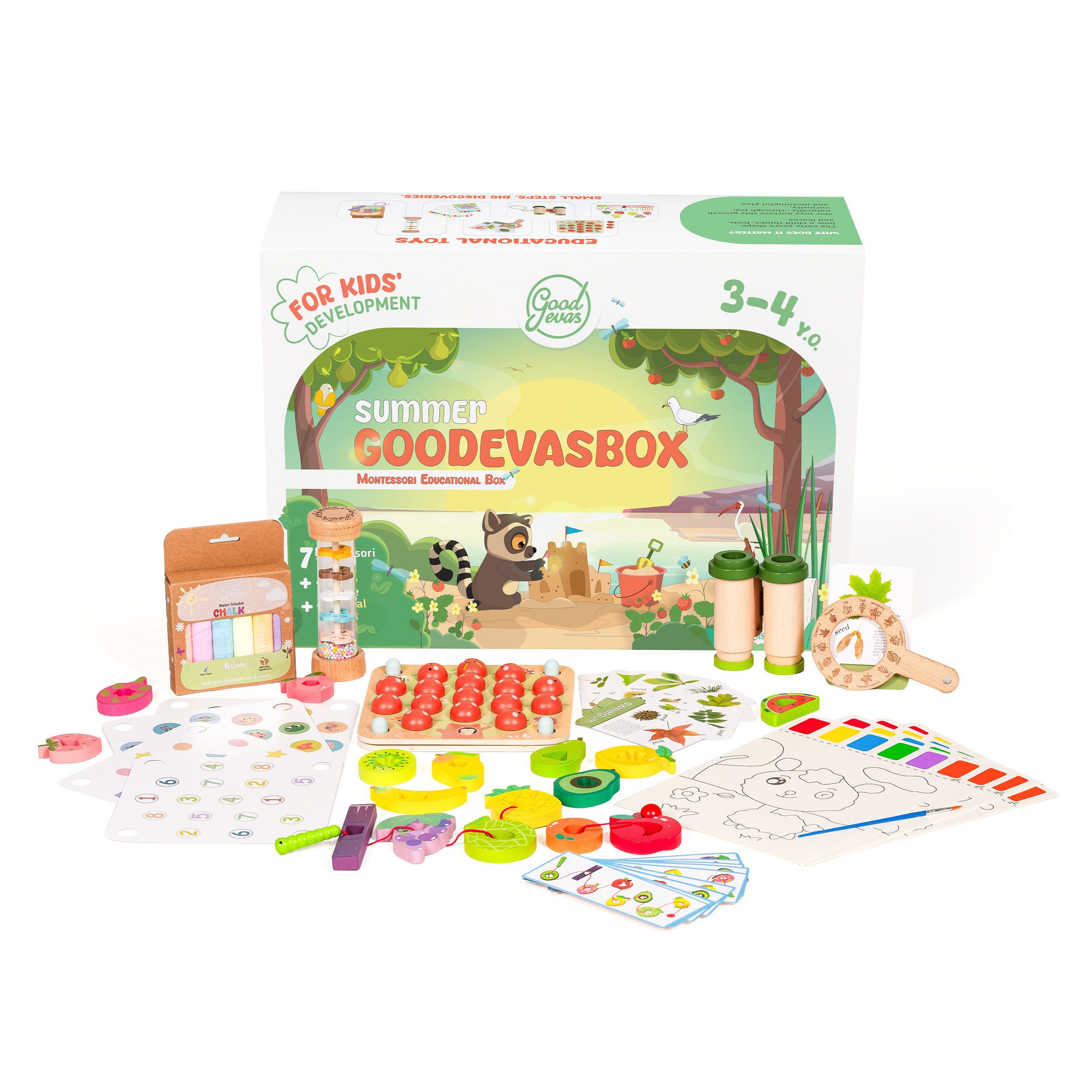 Goodevas Lernspielzeug Goodevas Summer Montessori Box – Lernspielzeug-Set für Kinder (Entwicklungsspielset, Lernspielzeuge, Motorikspielzeug aus Holz, Sensorisches Babyspielzeug), Geschenk zum 1. Geburtstag
