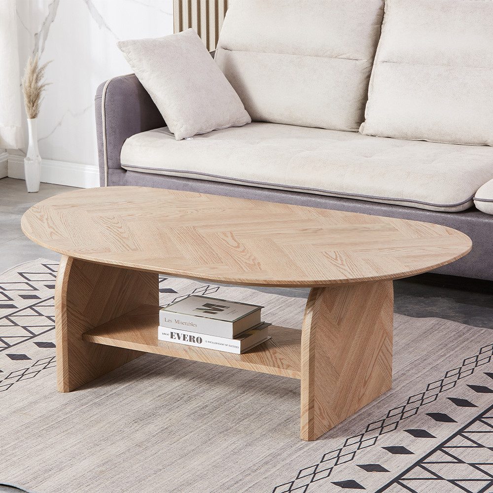 HOME DELUXE Couchtisch Oval LIARA - 120 x 42 x 70 cm, mit Fischgräten Muster, Sofatisch, Wohnzimmertisch, Wohnzimmer