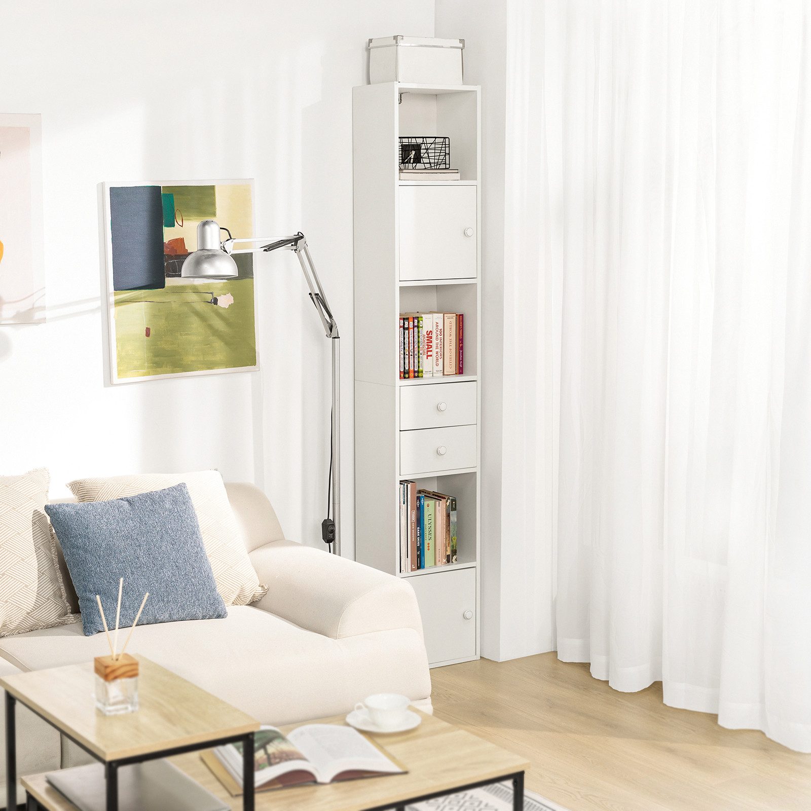 SoBuy Bücherregal Aktenschrank, Hochschrank, Aufbewahrungsregal, Standregal, Büroregal, mit Schubladen Bücherschrank, Badezimmerschrank Badezimmer, Wohnzimmer – Bild 5 von 5