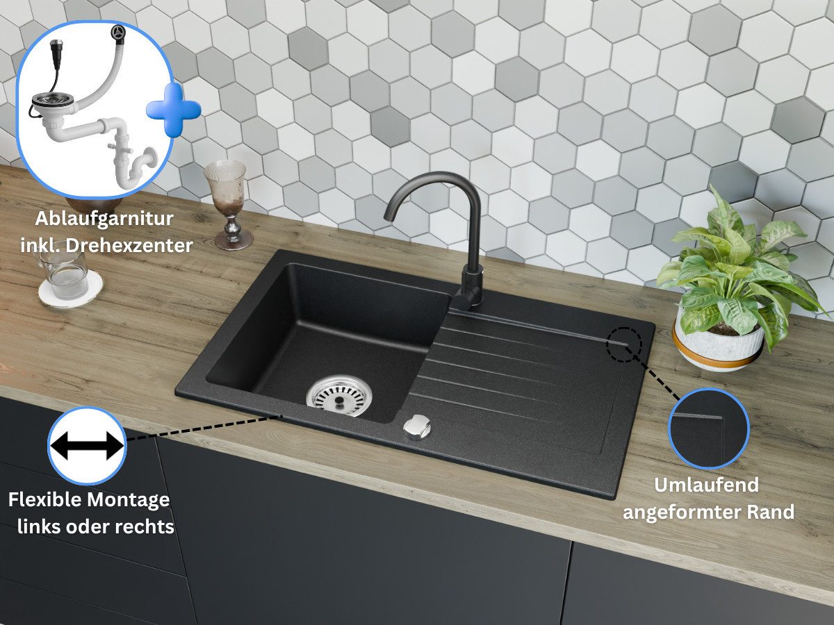 Faizee Möbel Granitspüle Granitspüle 76x44 Schwarz+ Armatur Schwarz Eckig inkl Siphon, Eckig, 75/43,5 cm – Bild 2 von 5